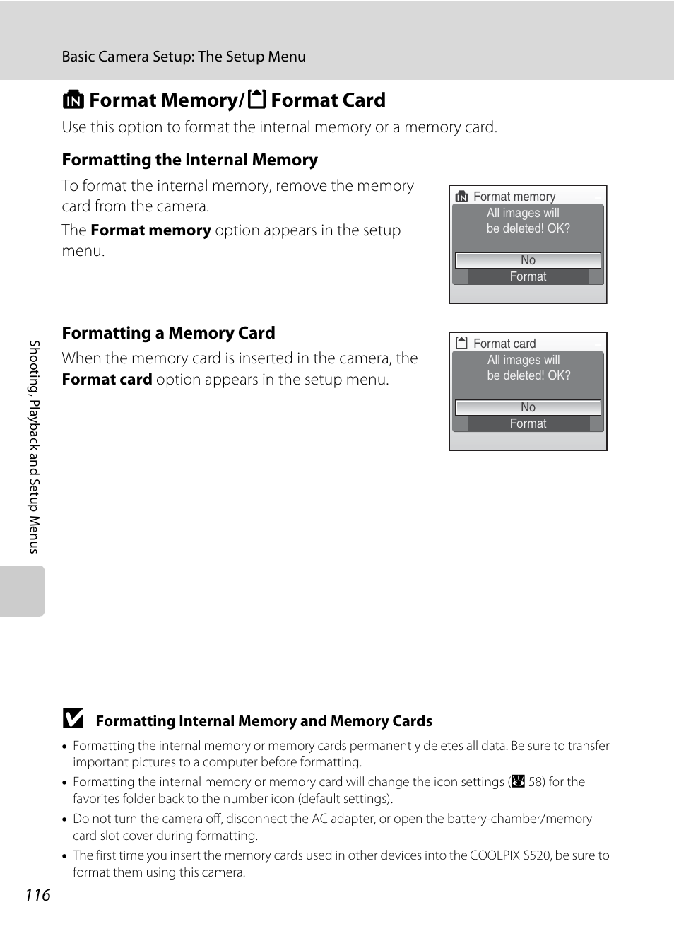 Format memory/format card, L format memory/m format card, A 116) | A 116 | Nikon S520 User Manual | Page 128 / 154