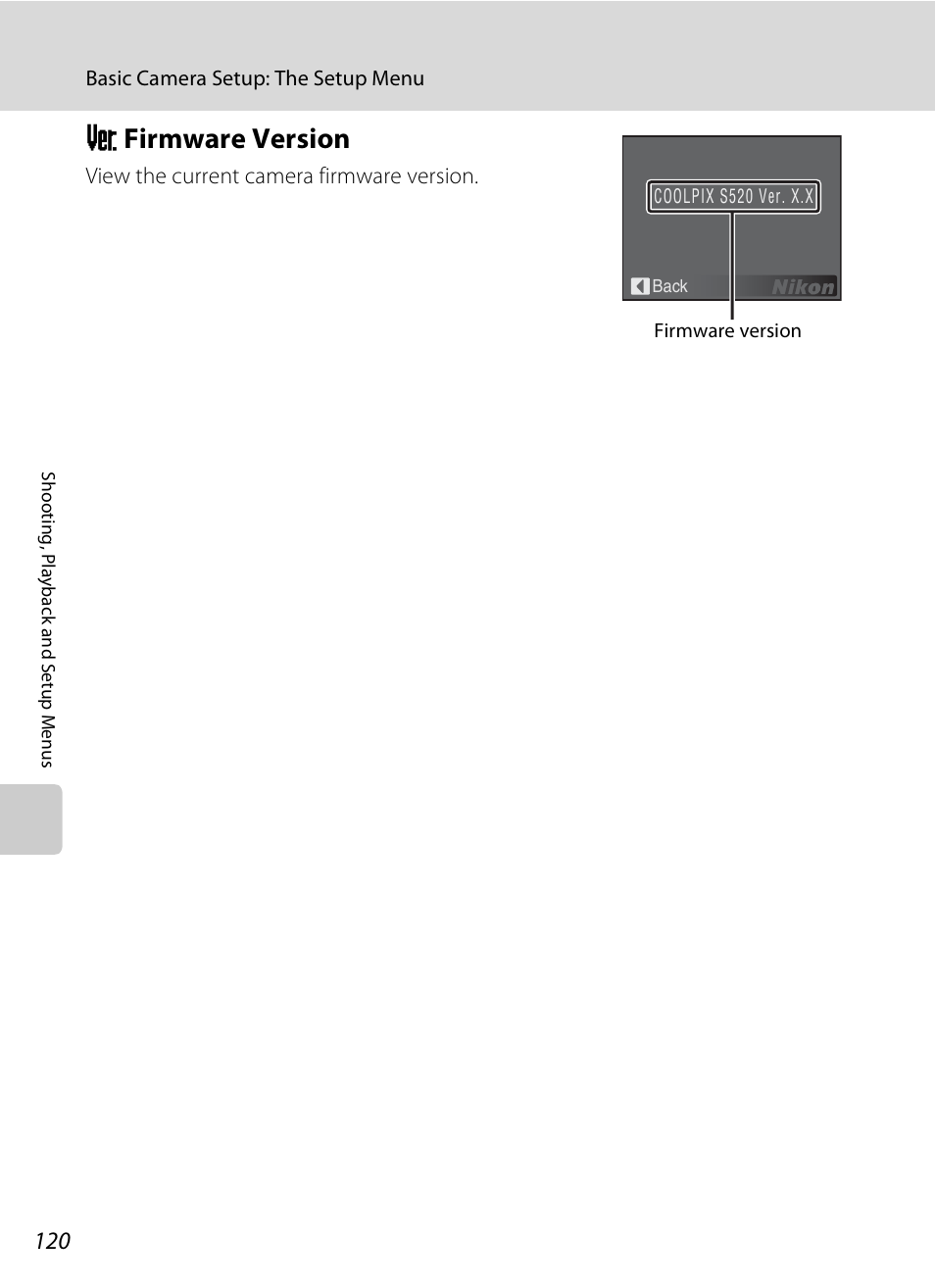 Firmware version, R firmware version, A 120 | Nikon S520 User Manual | Page 132 / 154