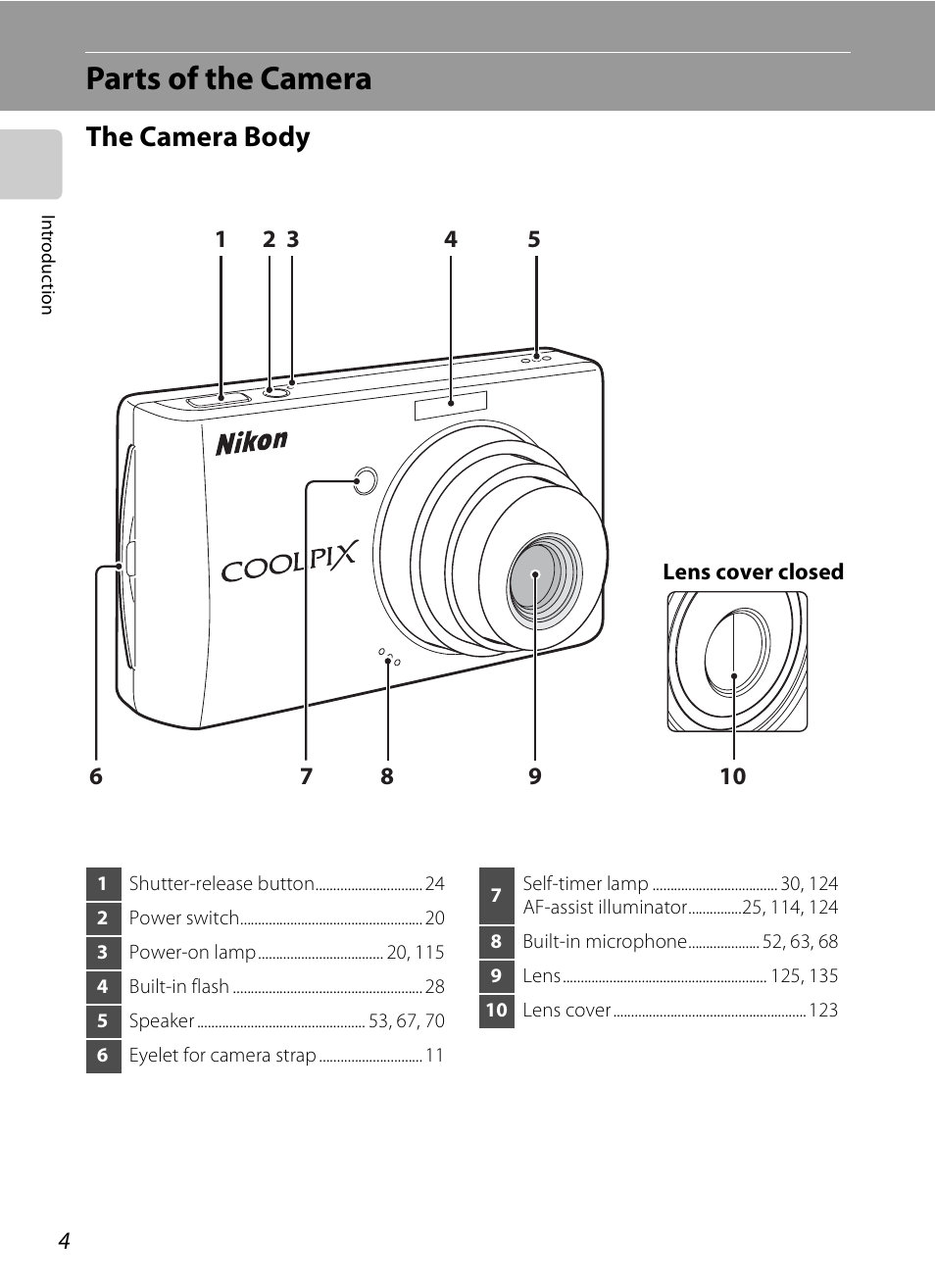 Parts of the camera, The camera body | Nikon S520 User Manual | Page 16 / 154