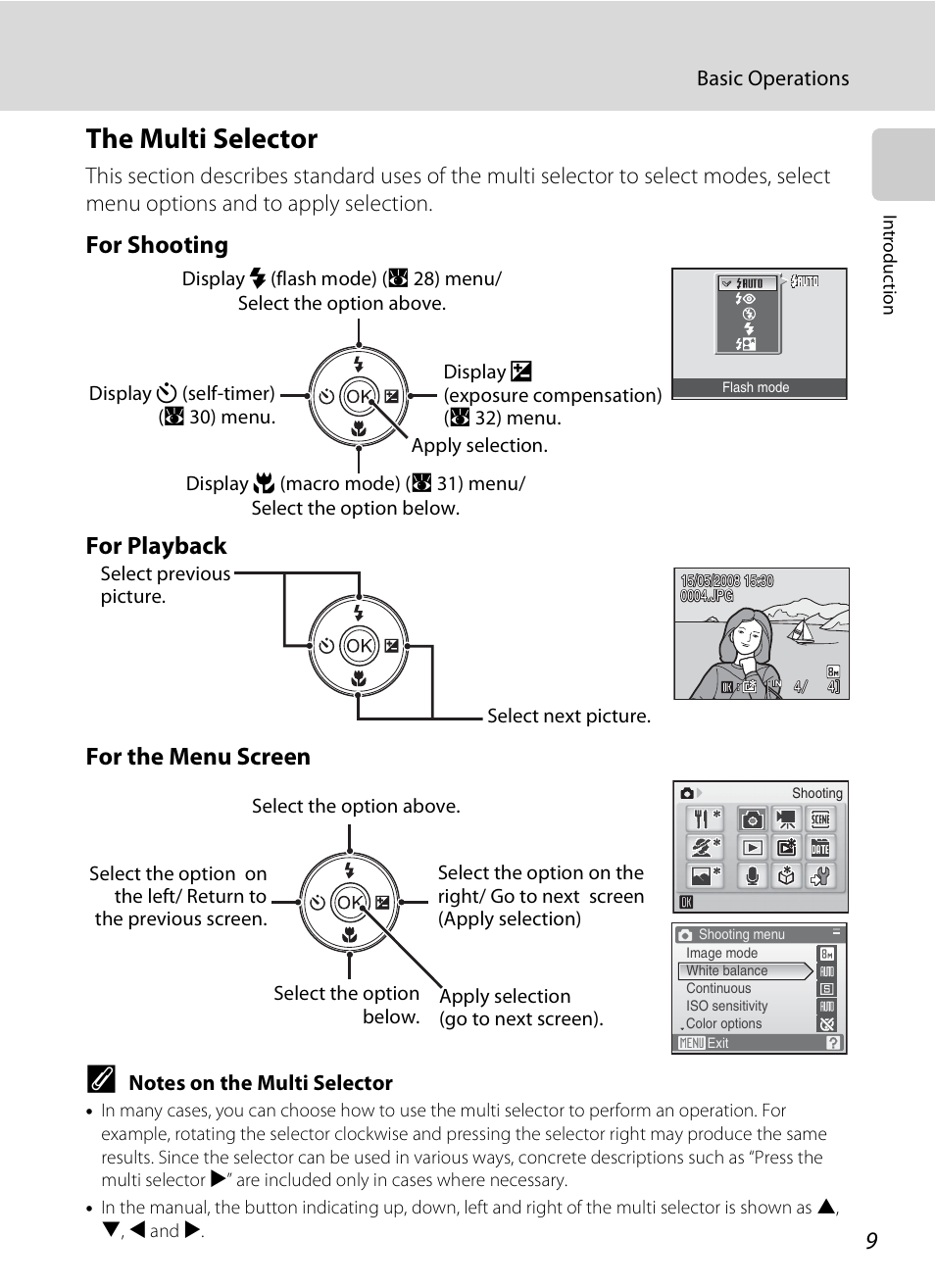 The multi selector, For shooting for playback for the menu screen | Nikon S520 User Manual | Page 21 / 154