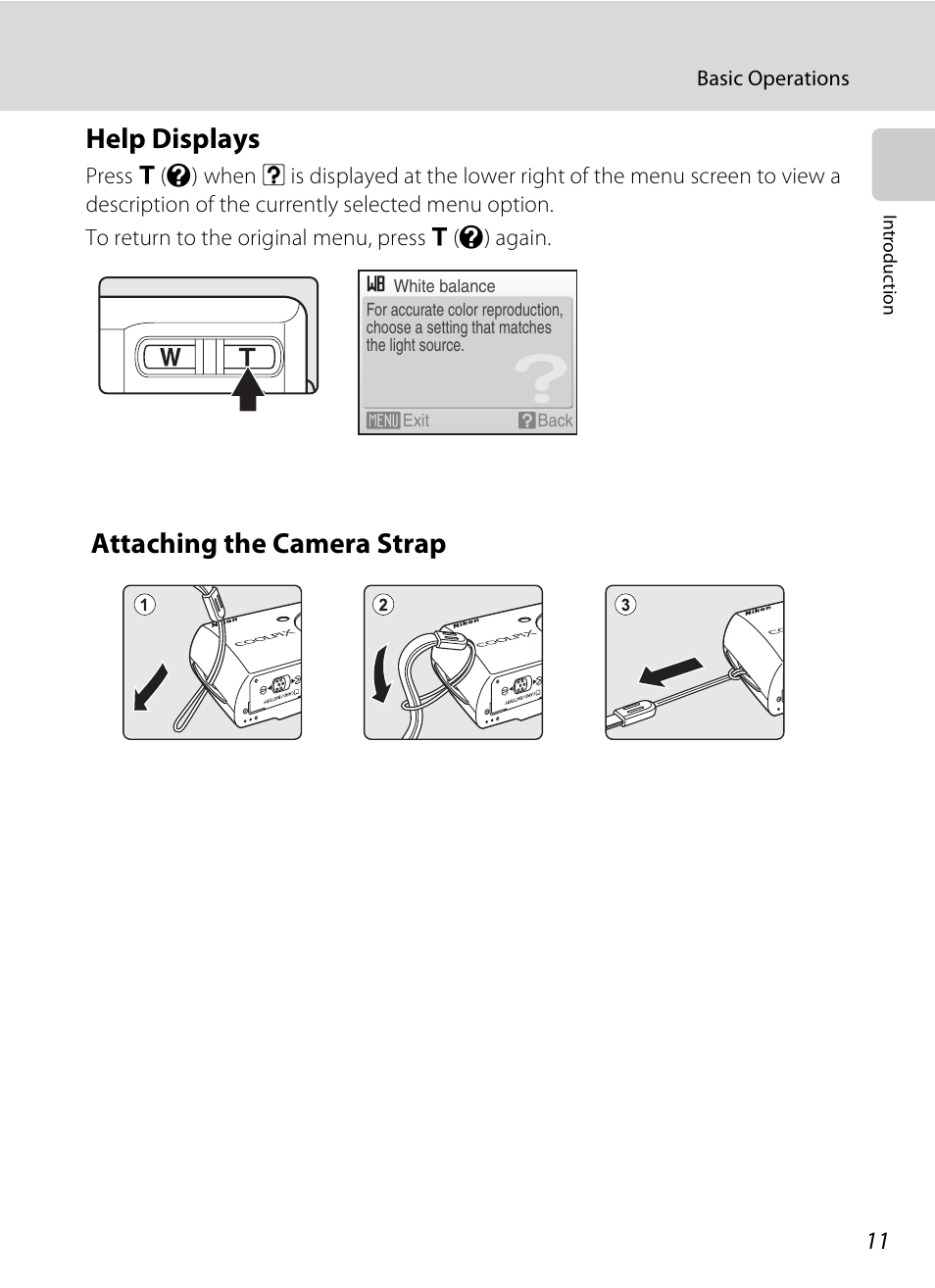 Help displays, Attaching the camera strap, Help displays attaching the camera strap | Nikon S520 User Manual | Page 23 / 154