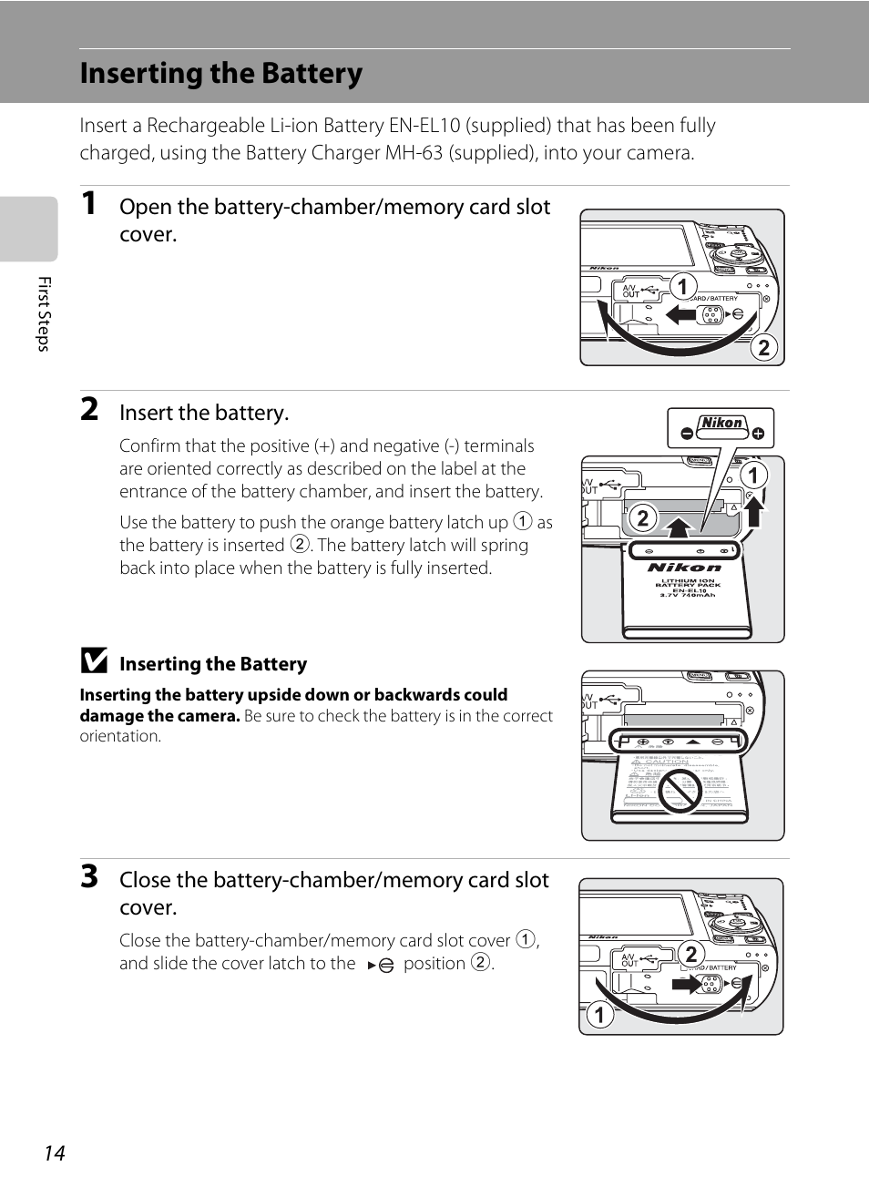 Inserting the battery | Nikon S520 User Manual | Page 26 / 154