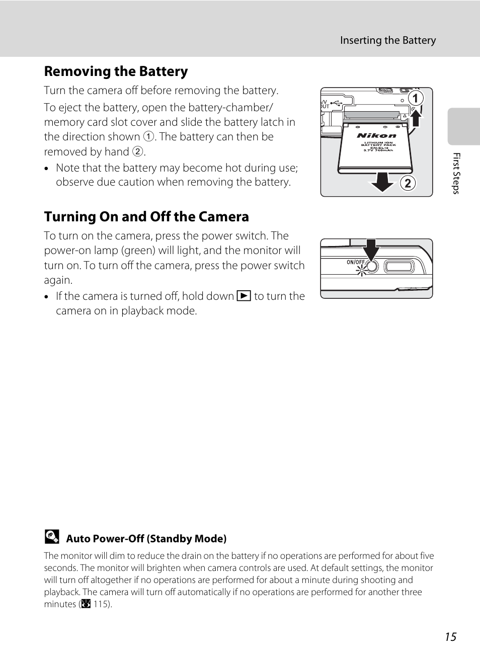 Removing the battery, Turning on and off the camera, Removing the battery turning on and off the camera | Nikon S520 User Manual | Page 27 / 154