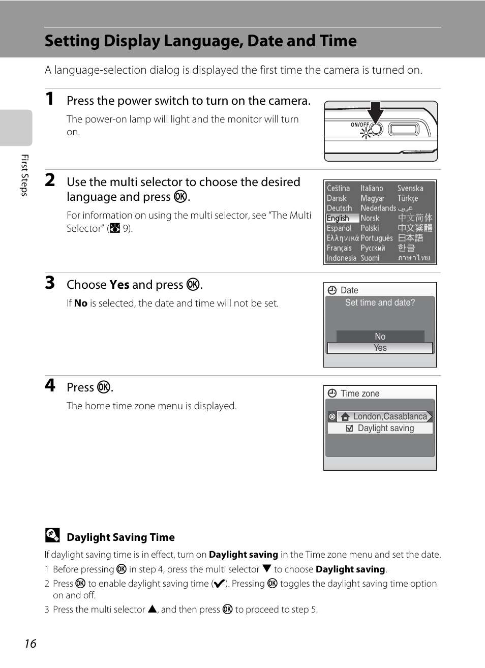 Setting display language, date and time | Nikon S520 User Manual | Page 28 / 154