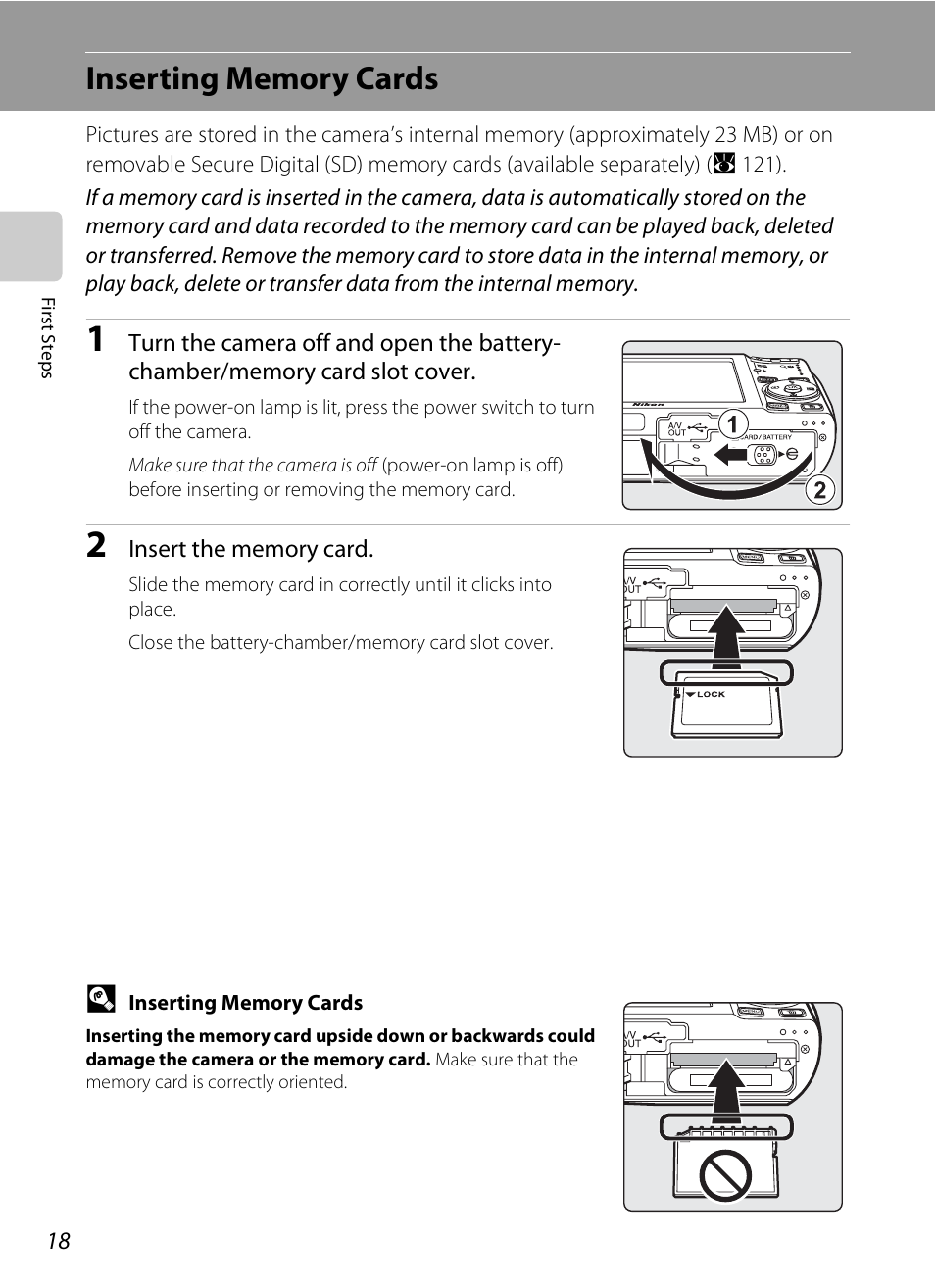 Inserting memory cards | Nikon S520 User Manual | Page 30 / 154