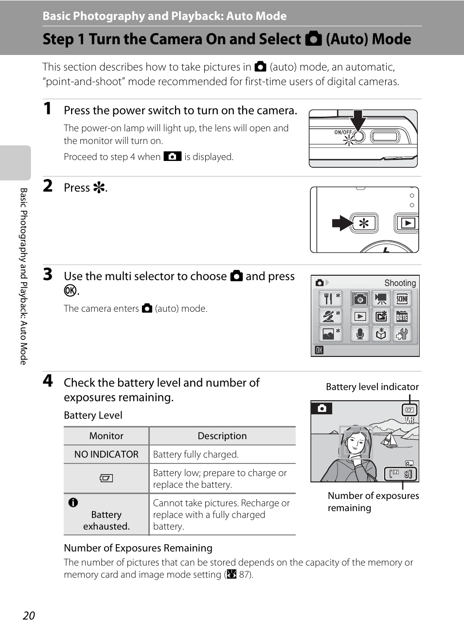 Basic photography and playback: auto mode, Step 1 turn the camera on and select auto mode, A basic photography and playback: auto mode | Step 1 turn the camera on and select a (auto) mode, A 20) | Nikon S520 User Manual | Page 32 / 154
