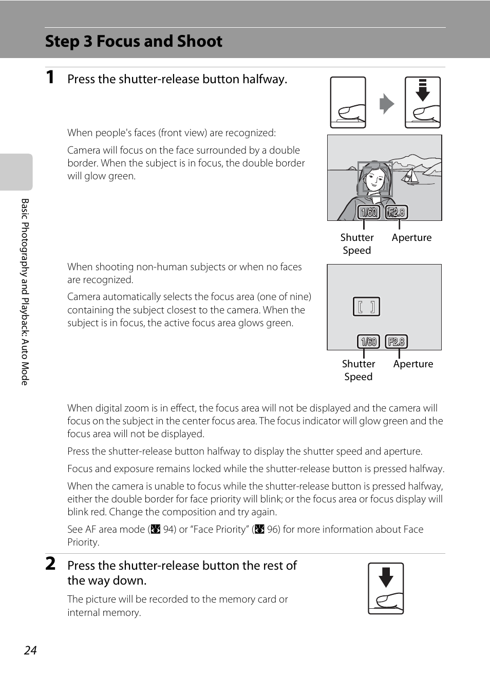 Step 3 focus and shoot, Press the shutter-release button halfway | Nikon S520 User Manual | Page 36 / 154