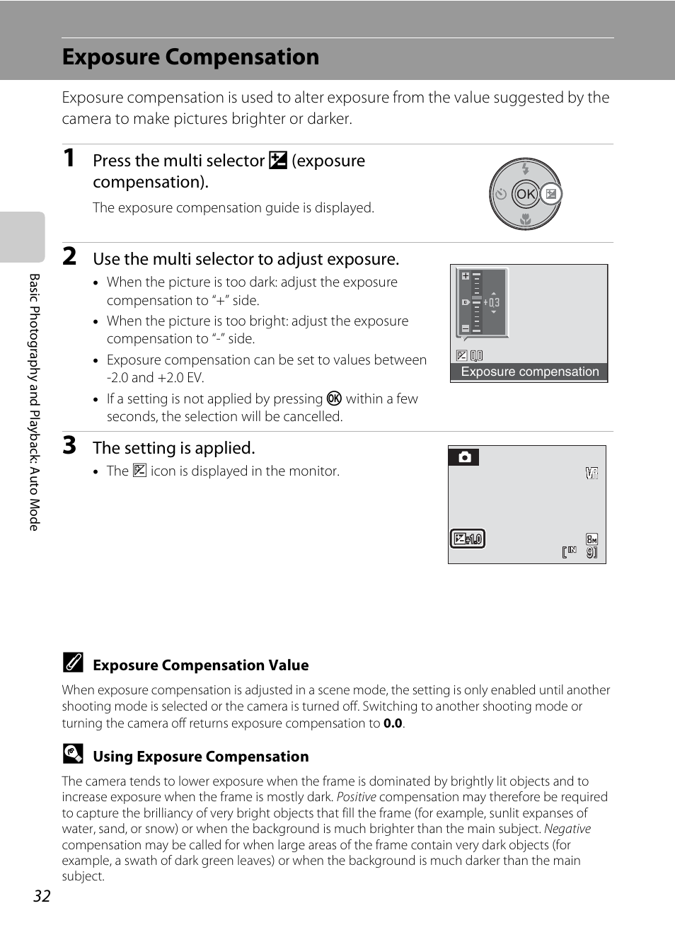 Exposure compensation, A 32) me, A 32) | Nikon S520 User Manual | Page 44 / 154