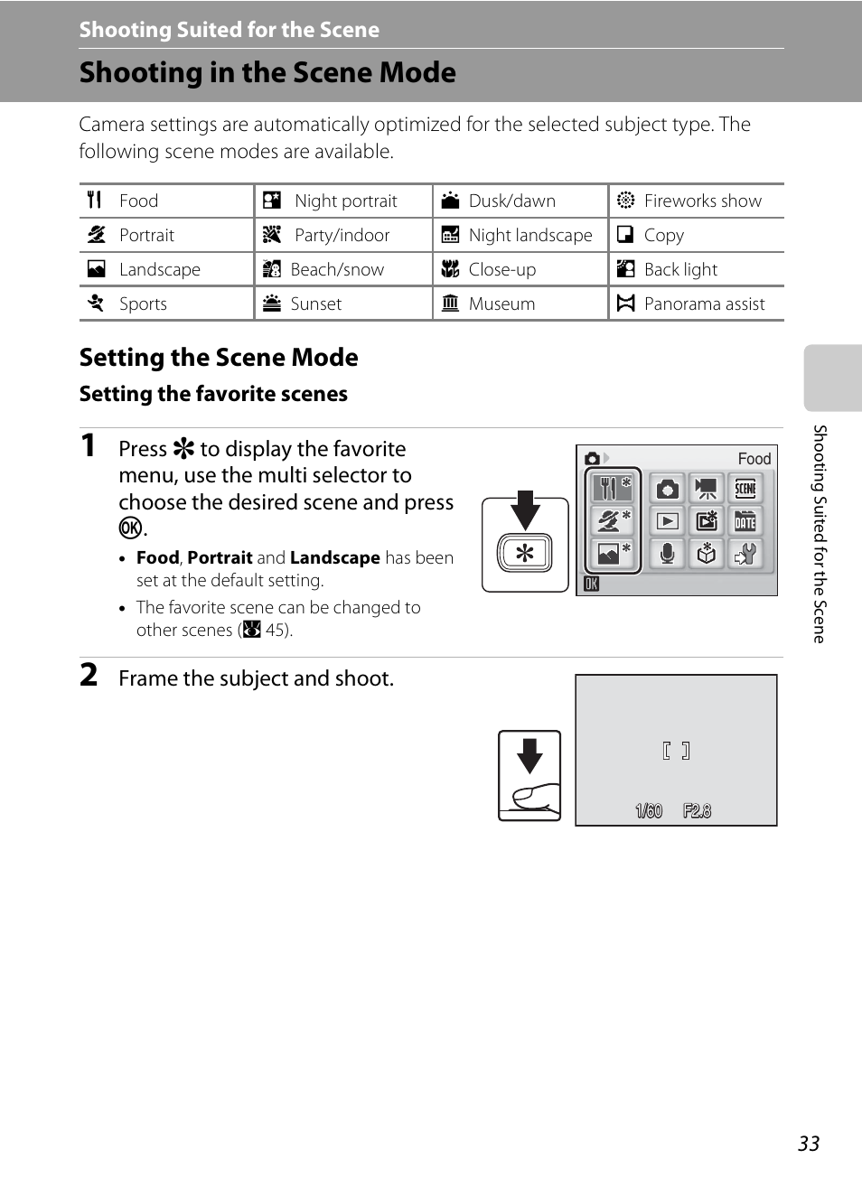 Shooting suited for the scene, Shooting in the scene mode, Setting the scene mode | C shooting suited for the scene, A 33), Setting the favorite scenes, Frame the subject and shoot | Nikon S520 User Manual | Page 45 / 154