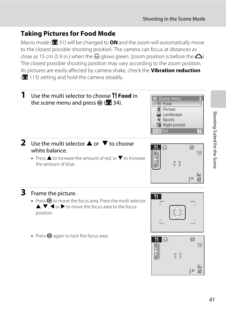 Taking pictures for food mode, E “taking pictures for food mode, A 41) for | Nikon S520 User Manual | Page 53 / 154