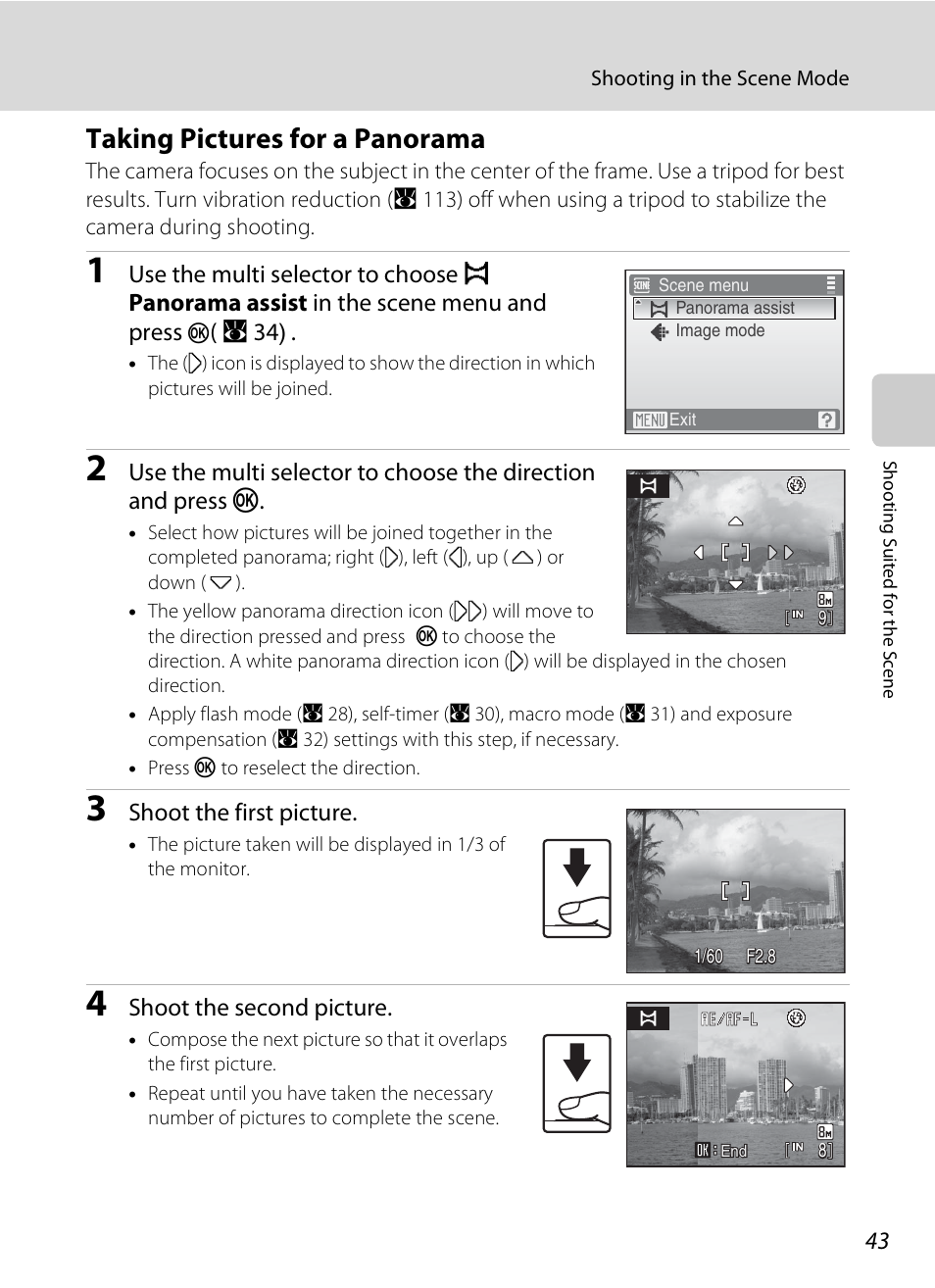 Taking pictures for a panorama | Nikon S520 User Manual | Page 55 / 154