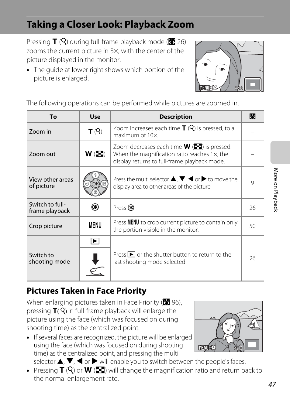 Taking a closer look: playback zoom, Pictures taken in face priority | Nikon S520 User Manual | Page 59 / 154