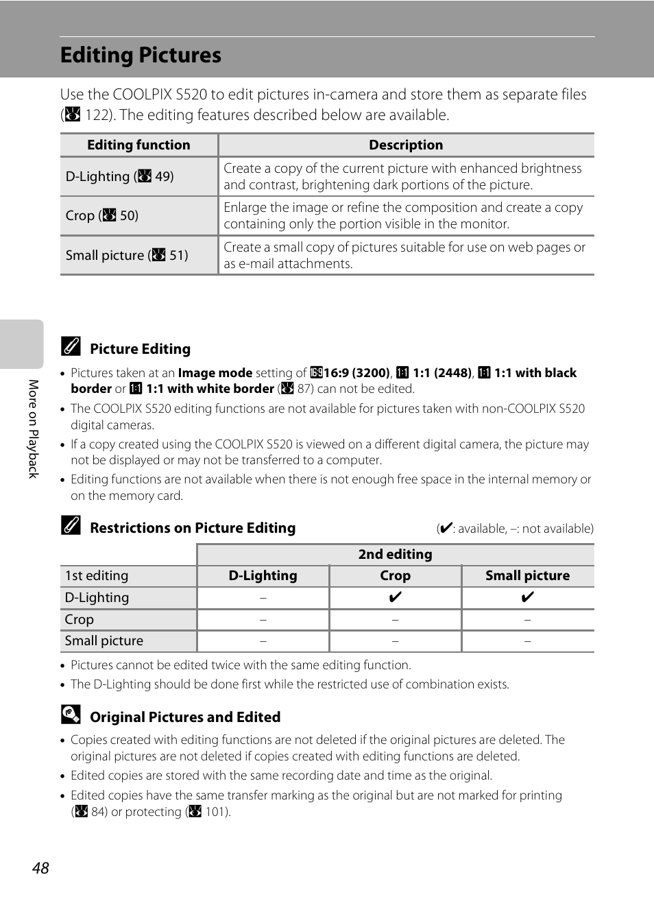 Editing pictures | Nikon S520 User Manual | Page 60 / 154