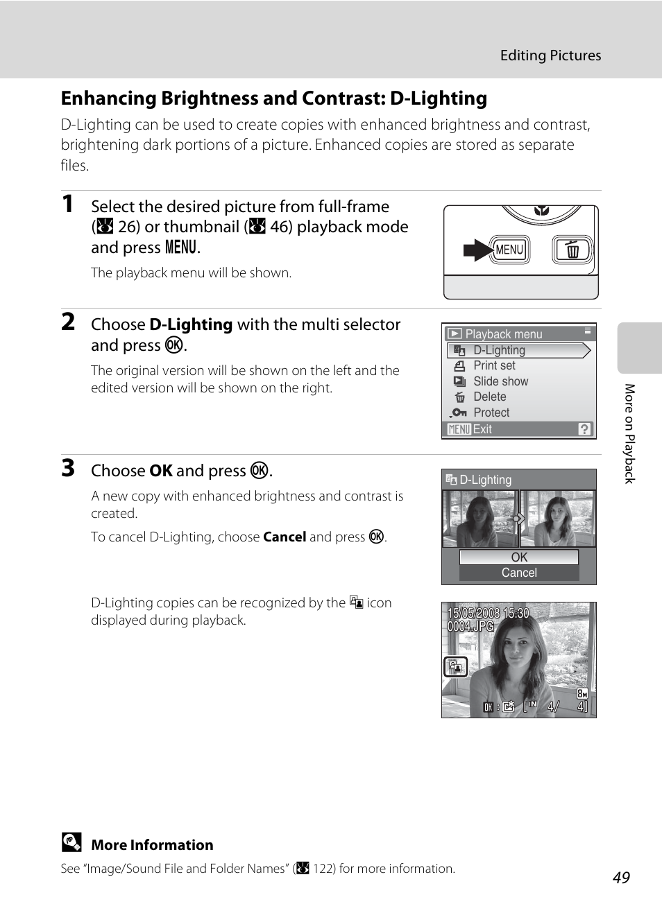 Enhancing brightness and contrast: d-lighting, A 49) | Nikon S520 User Manual | Page 61 / 154