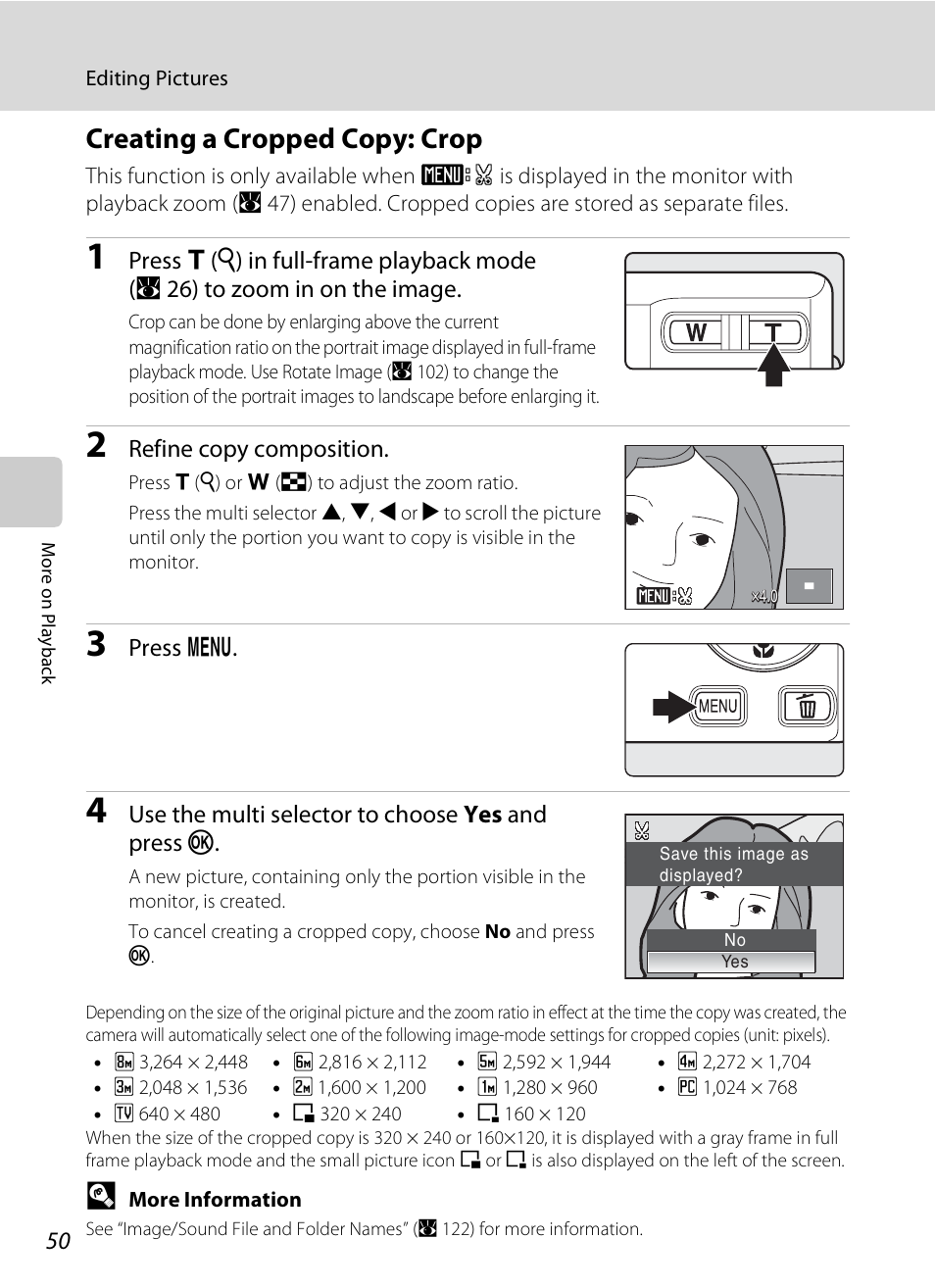 Creating a cropped copy: crop, A 50) | Nikon S520 User Manual | Page 62 / 154