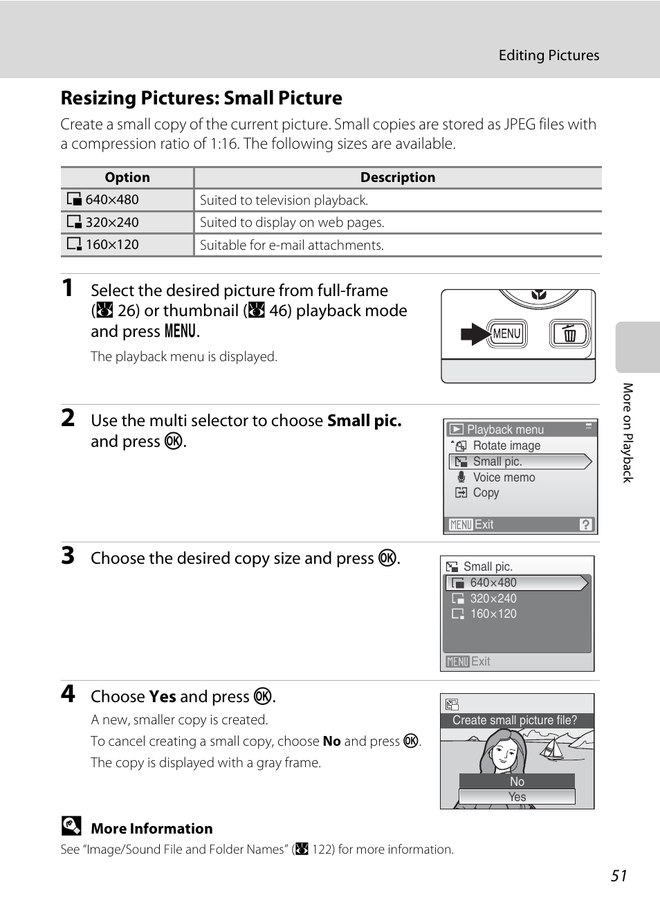 Resizing pictures: small picture, A 51) | Nikon S520 User Manual | Page 63 / 154