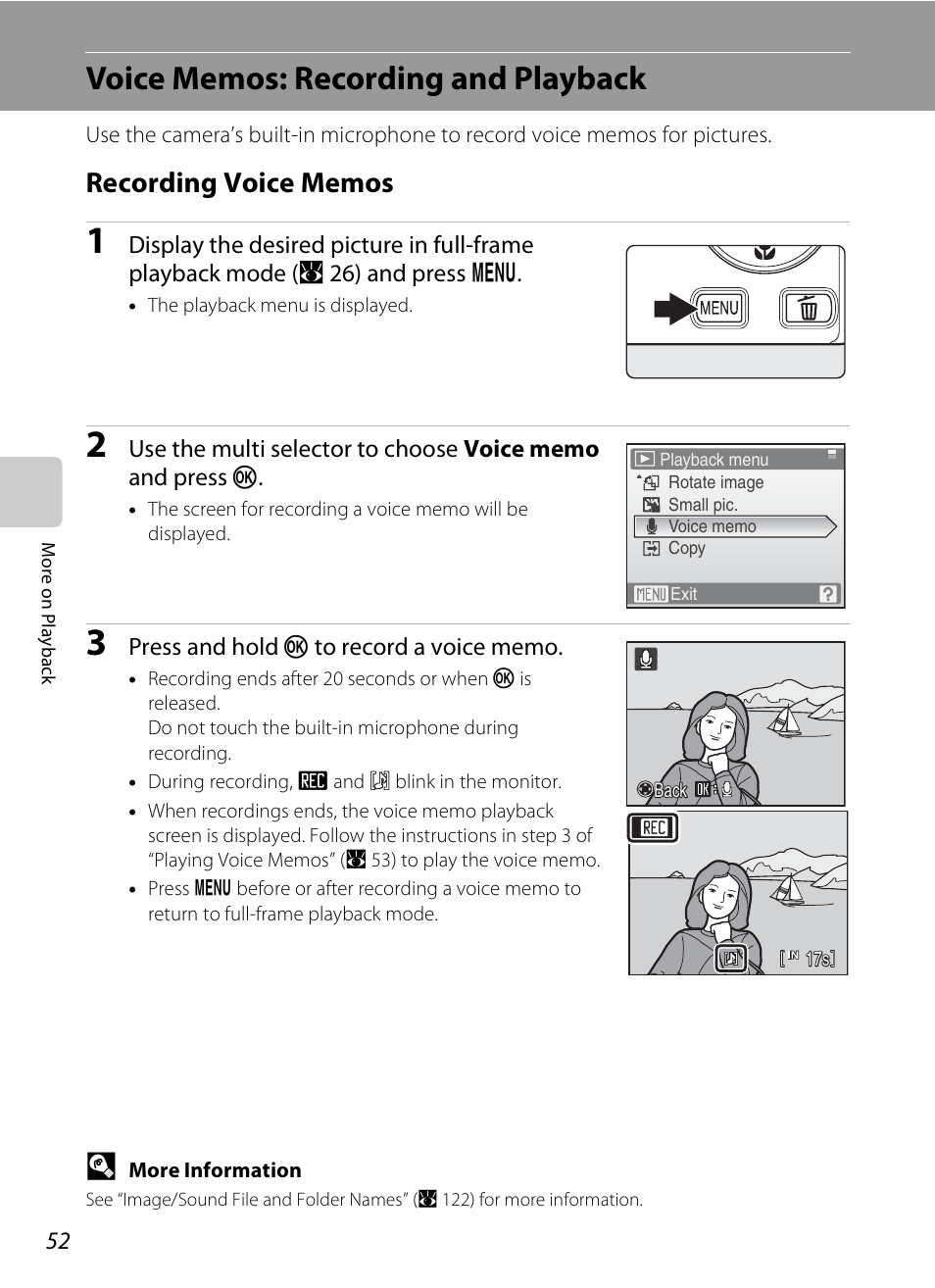 Voice memos: recording and playback, Recording voice memos | Nikon S520 User Manual | Page 64 / 154