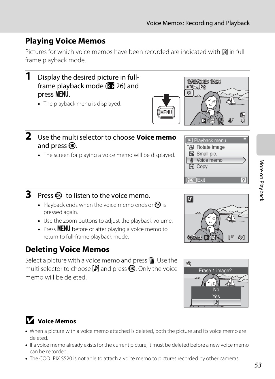 Playing voice memos, Deleting voice memos, Playing voice memos deleting voice memos | A 53) t | Nikon S520 User Manual | Page 65 / 154