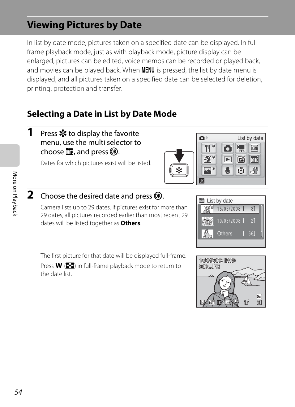 Viewing pictures by date, Selecting a date in list by date mode, A 54) | Nikon S520 User Manual | Page 66 / 154