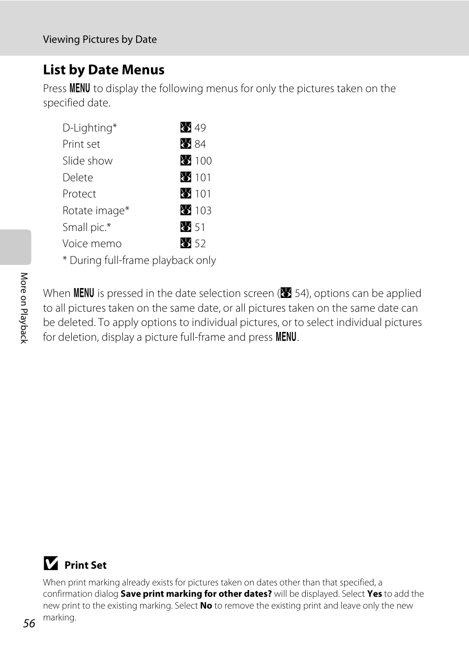 List by date menus | Nikon S520 User Manual | Page 68 / 154