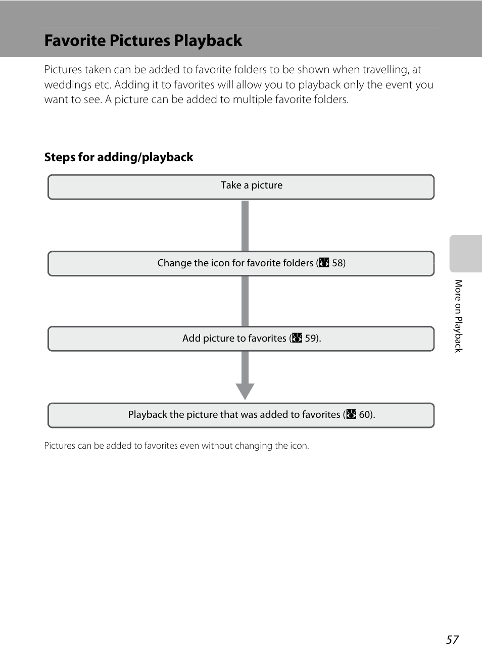 Favorite pictures playback, Steps for adding/playback | Nikon S520 User Manual | Page 69 / 154