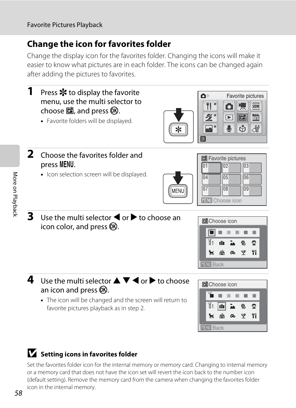 Change the icon for favorites folder, A 58) | Nikon S520 User Manual | Page 70 / 154