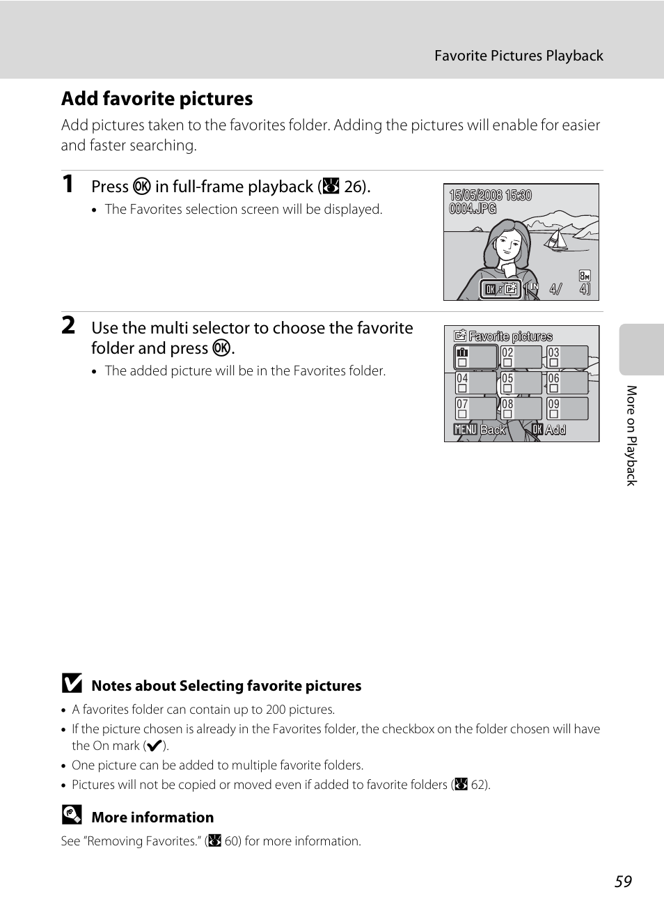 Add favorite pictures, A 59), Press k in full-frame playback ( a 26) | Nikon S520 User Manual | Page 71 / 154
