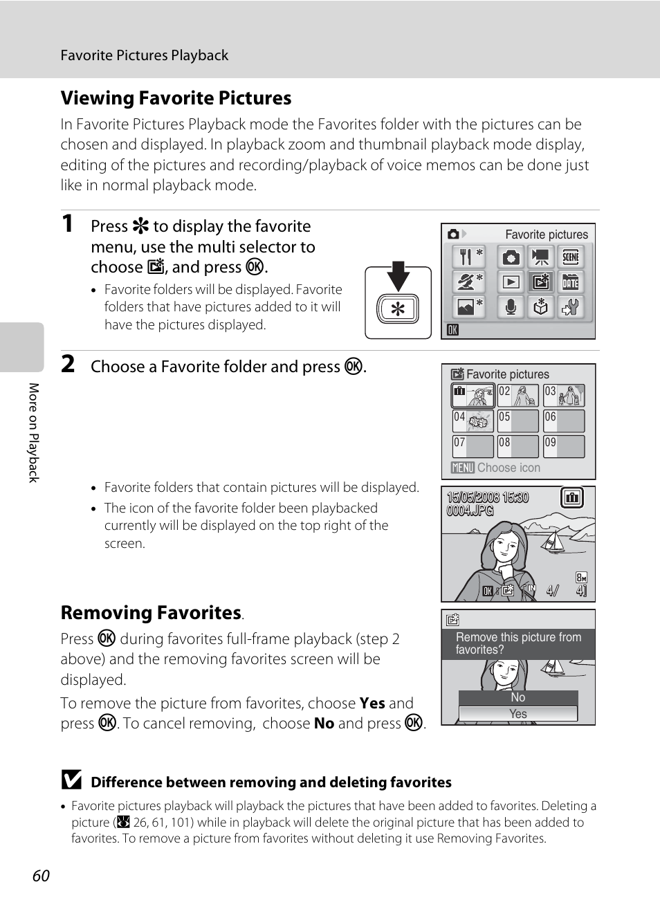 Viewing favorite pictures, Removing favorites, Viewing favorite pictures removing favorites | A 60, A 60), Choose a favorite folder and press k | Nikon S520 User Manual | Page 72 / 154