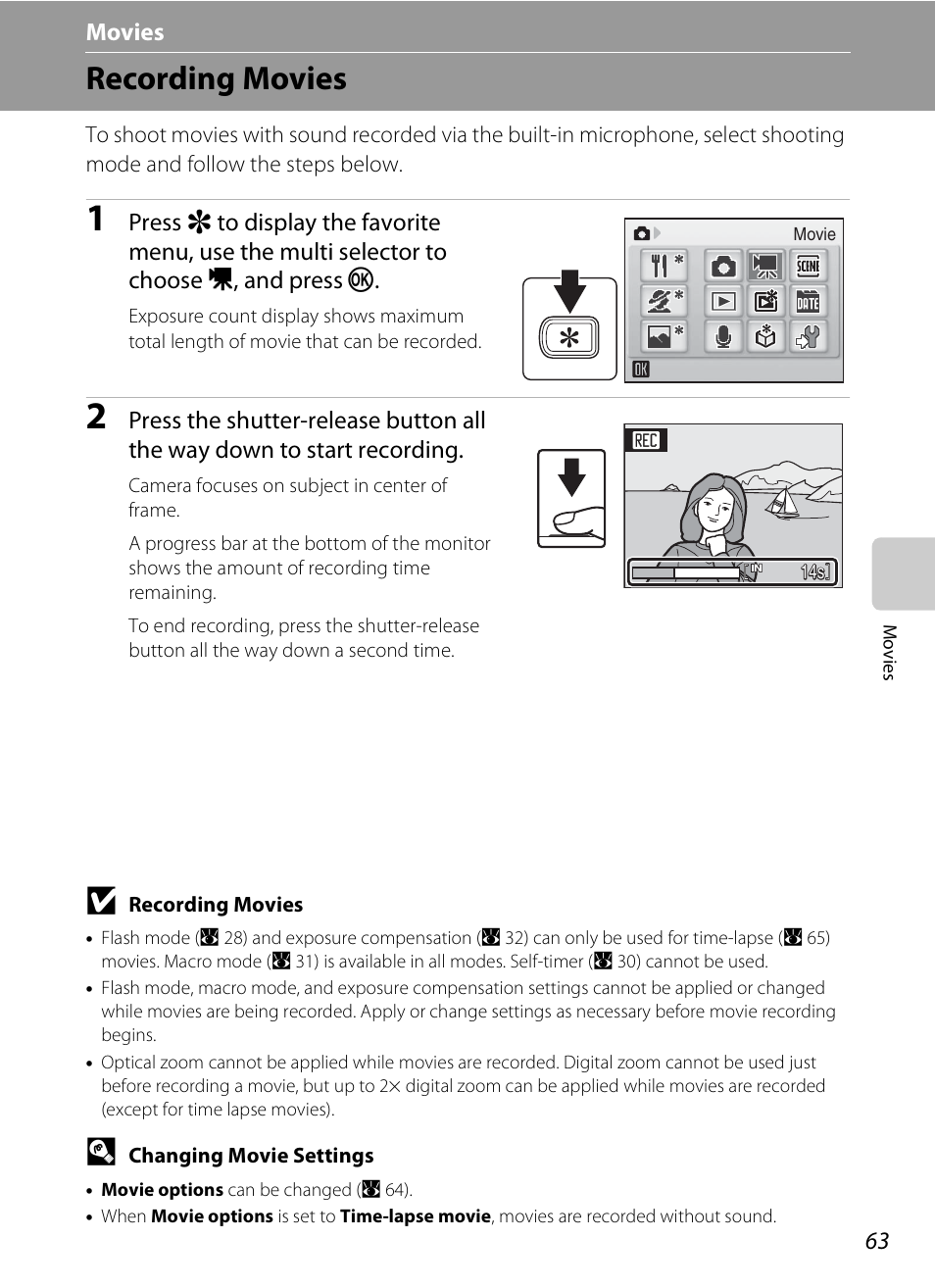 Movies, Recording movies, D movies | A 63) | Nikon S520 User Manual | Page 75 / 154