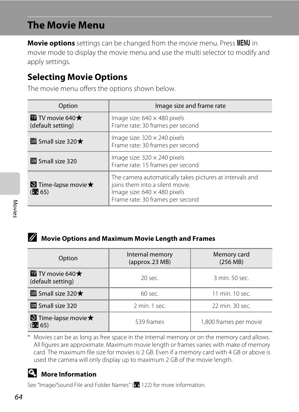 The movie menu, Selecting movie options, A 64 | Nikon S520 User Manual | Page 76 / 154