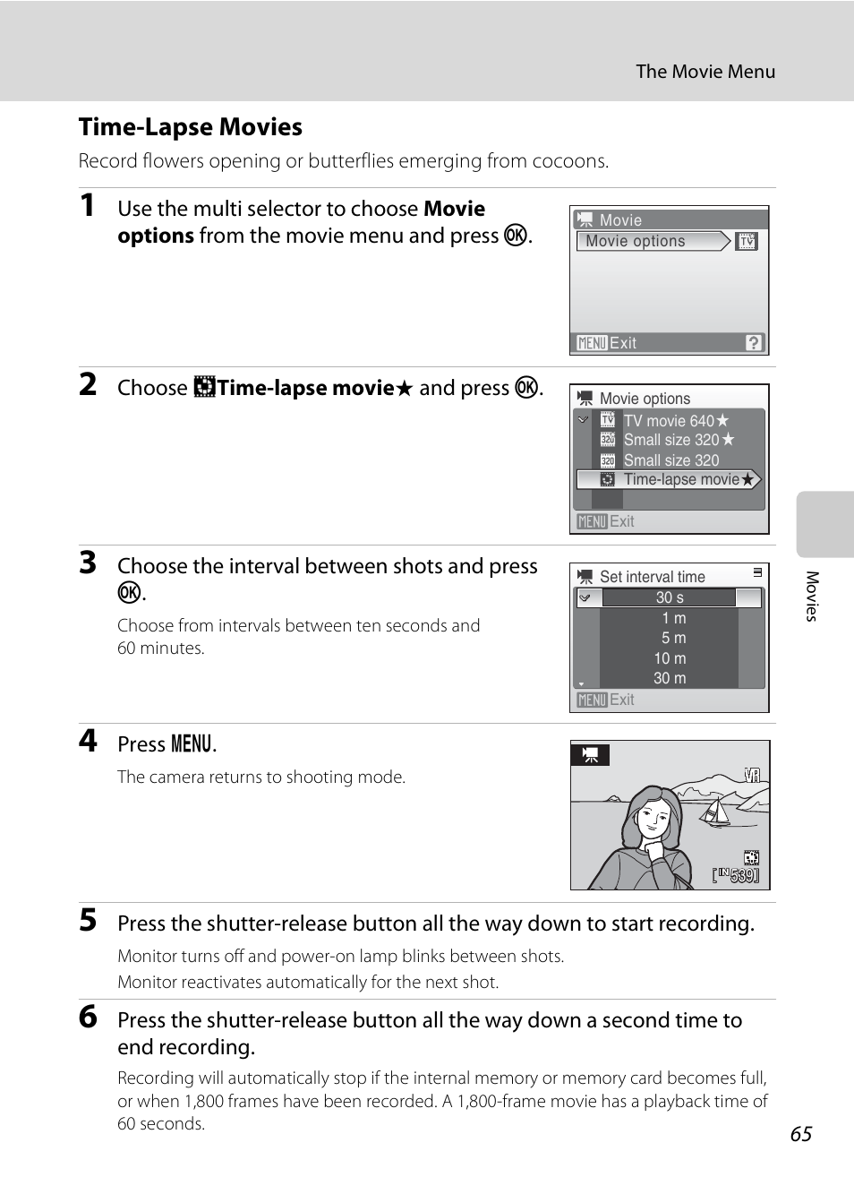 Time-lapse movies, A 65) | Nikon S520 User Manual | Page 77 / 154