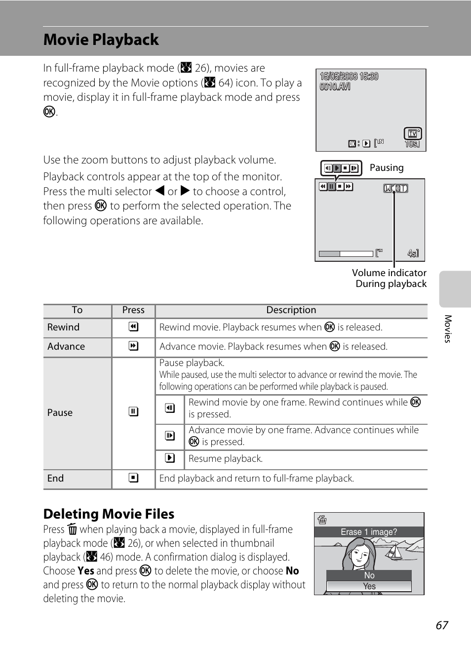 Movie playback, Deleting movie files | Nikon S520 User Manual | Page 79 / 154