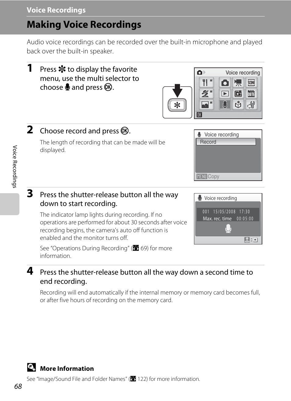 Voice recordings, Making voice recordings, E voice recordings | A 68) | Nikon S520 User Manual | Page 80 / 154