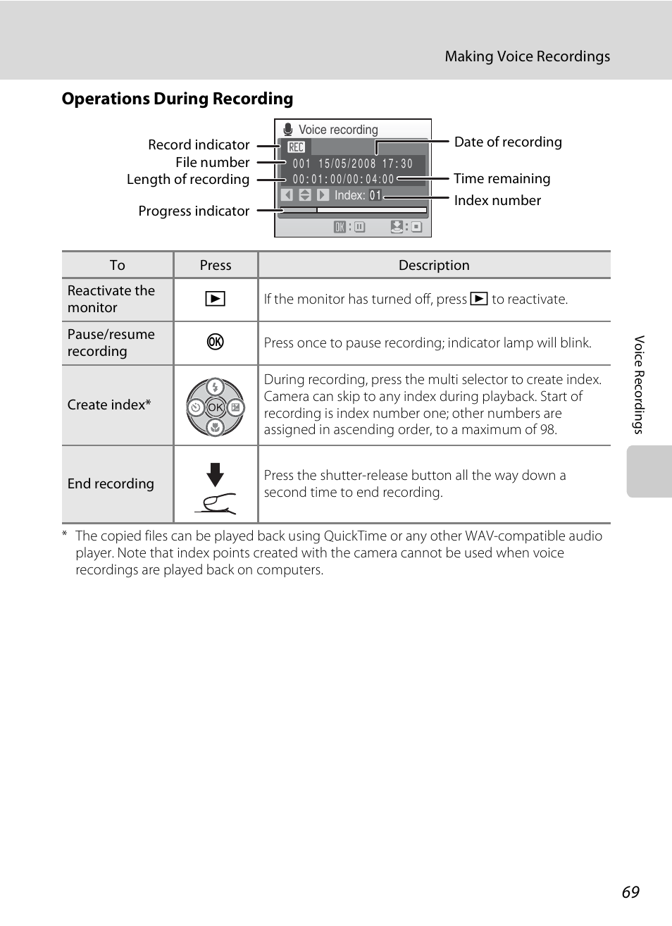 E “operations during recording, A 69) fo, Operations during recording | Nikon S520 User Manual | Page 81 / 154