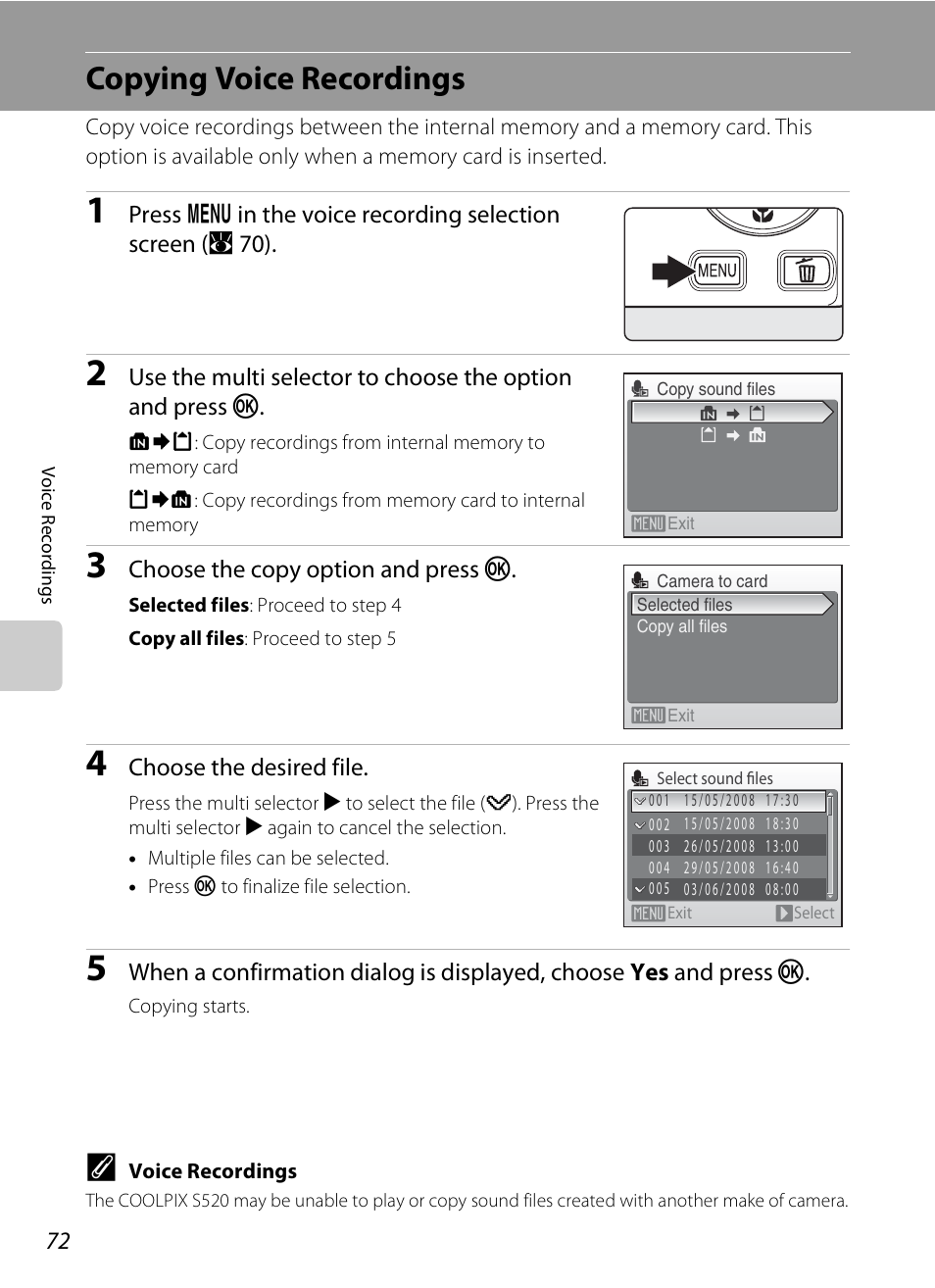 Copying voice recordings | Nikon S520 User Manual | Page 84 / 154