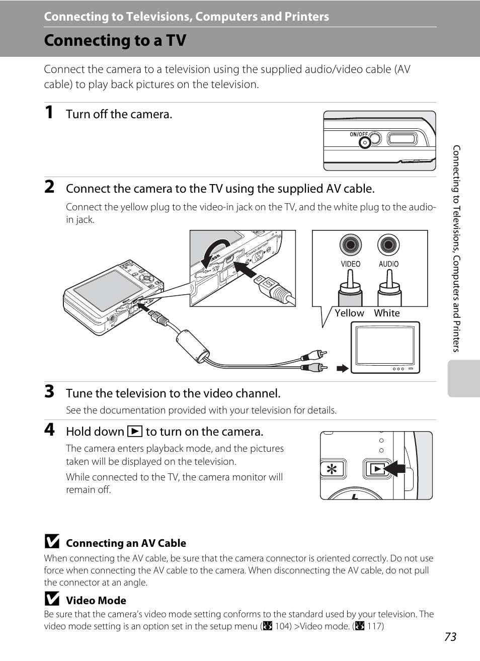 Connecting to televisions, computers and printers, Connecting to a tv | Nikon S520 User Manual | Page 85 / 154