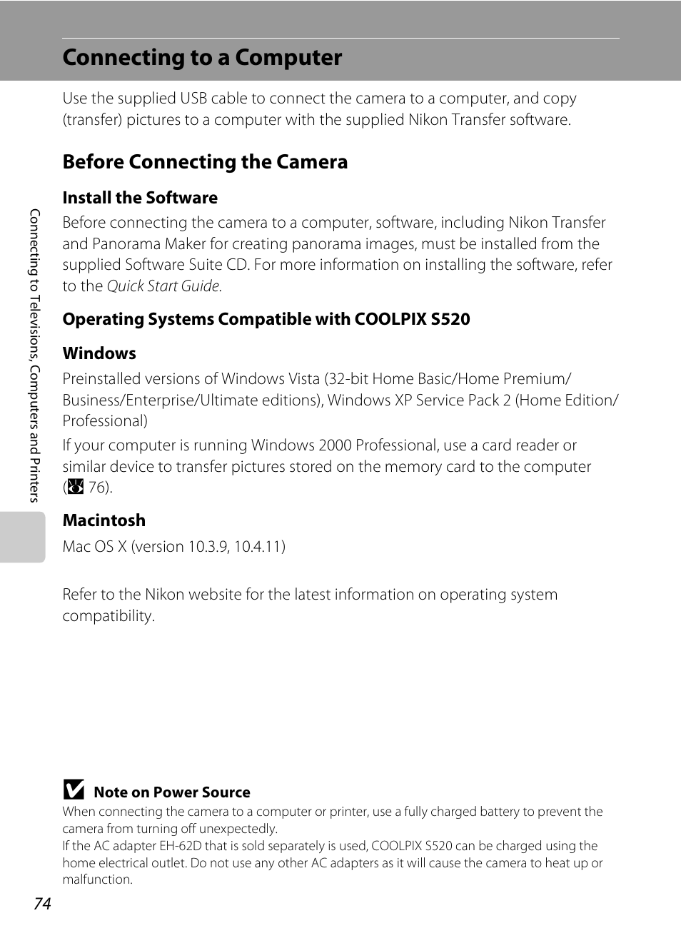 Connecting to a computer, Before connecting the camera, A 74 | Nikon S520 User Manual | Page 86 / 154