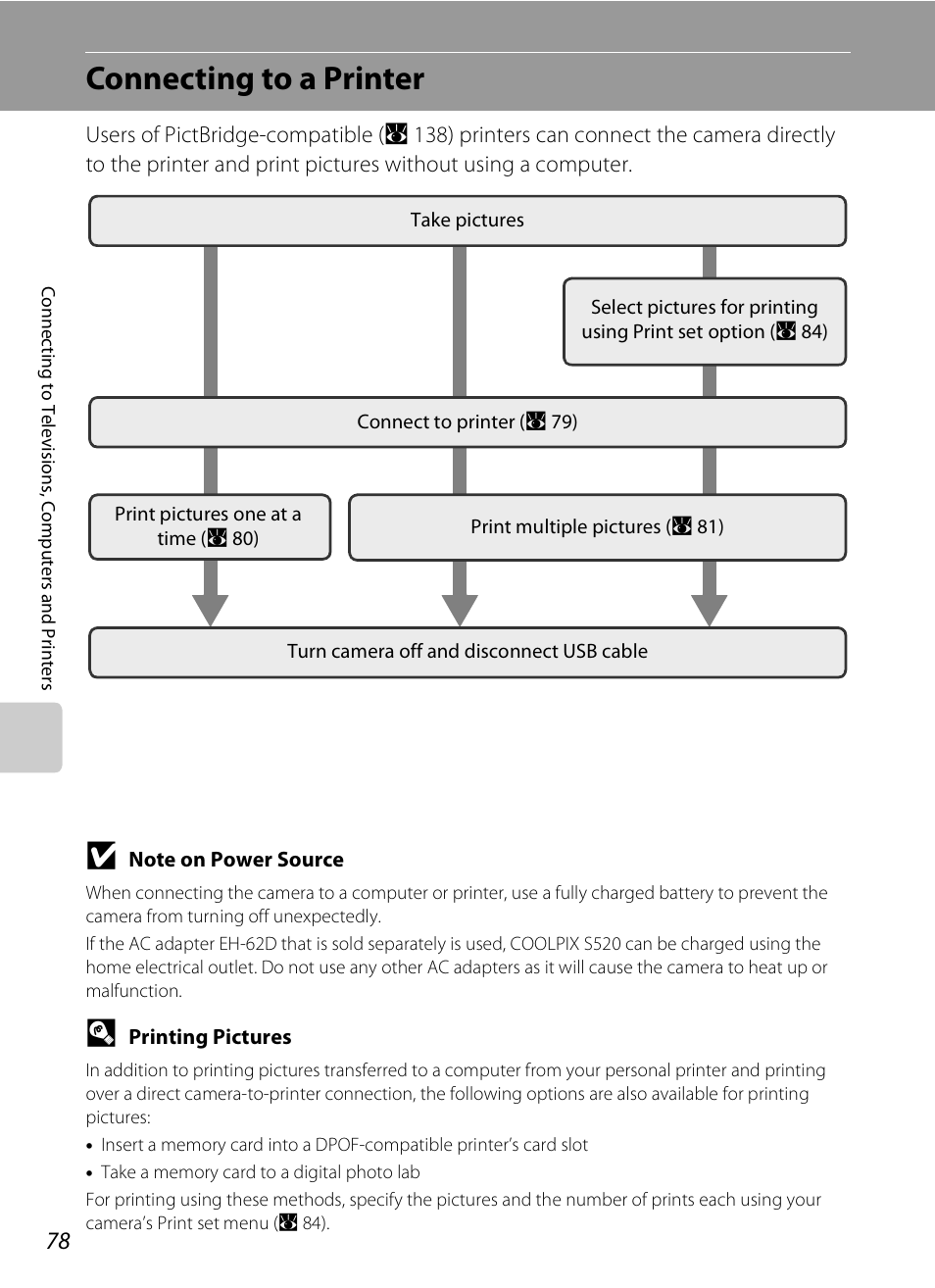 Connecting to a printer | Nikon S520 User Manual | Page 90 / 154