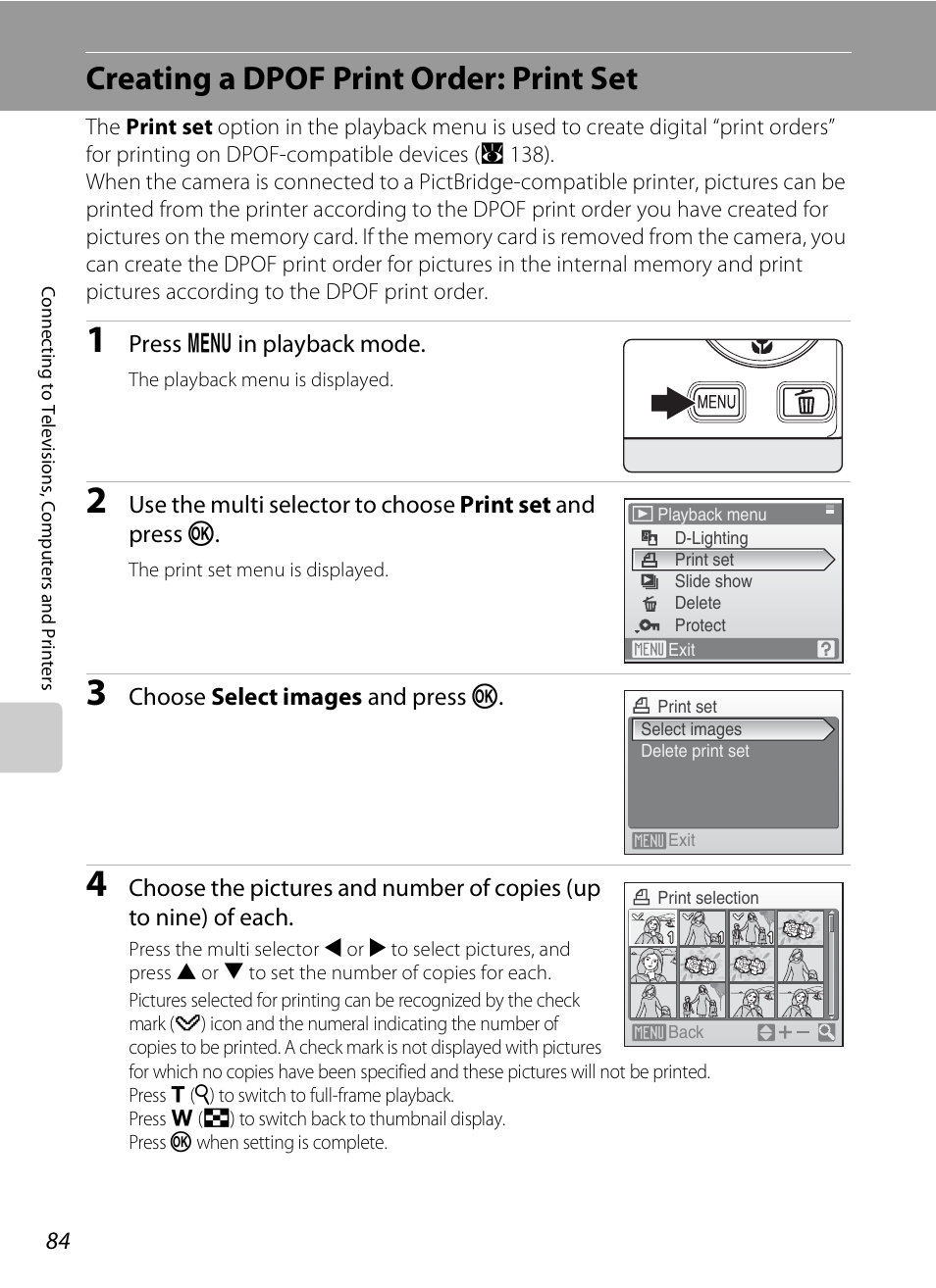 Creating a dpof print order: print set, A 84), A 84 | Nikon S520 User Manual | Page 96 / 154