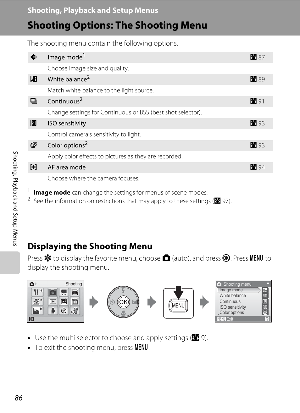 Shooting, playback and setup menus, Shooting options: the shooting menu, Displaying the shooting menu | D shooting, playback and setup menus | Nikon S520 User Manual | Page 98 / 154