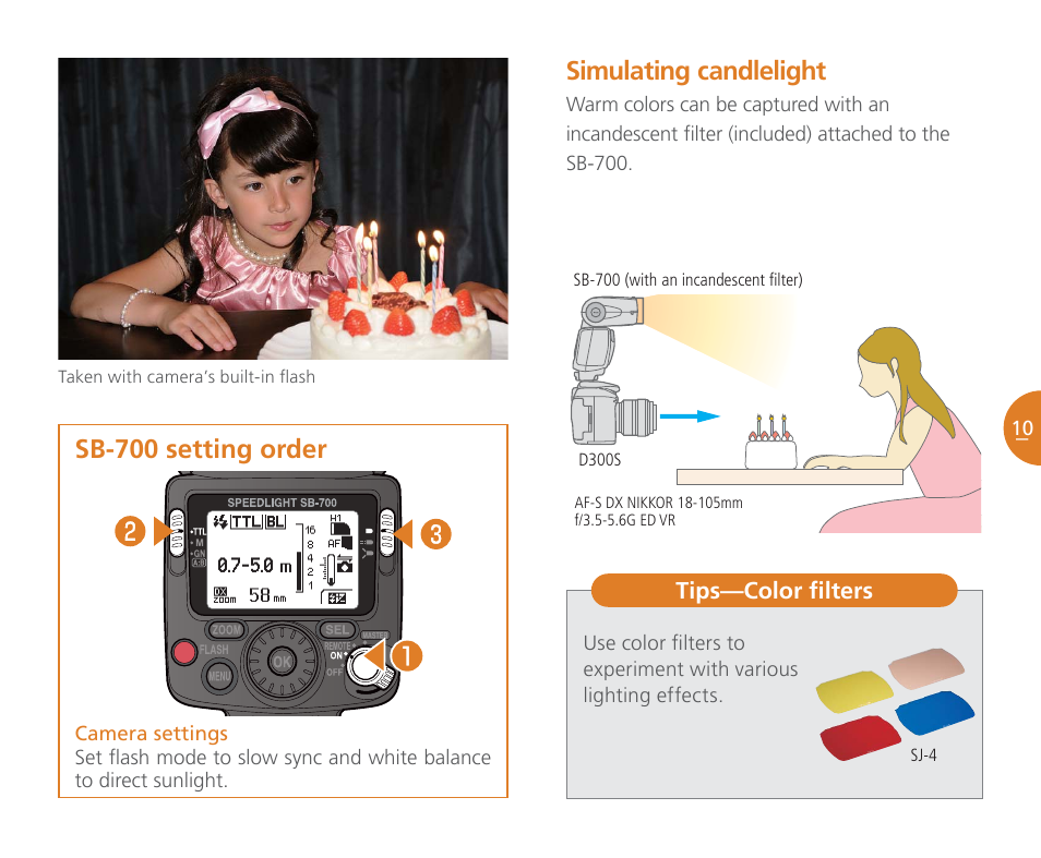 Simulating candlelight, Sb-700 setting order | Nikon Speedlight SB-700 User Manual | Page 11 / 24