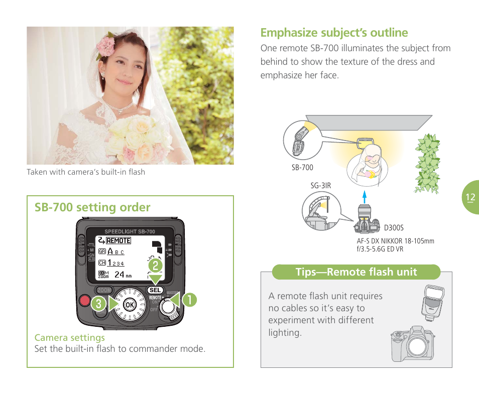 Emphasize subject’s outline, Sb-700 setting order | Nikon Speedlight SB-700 User Manual | Page 13 / 24