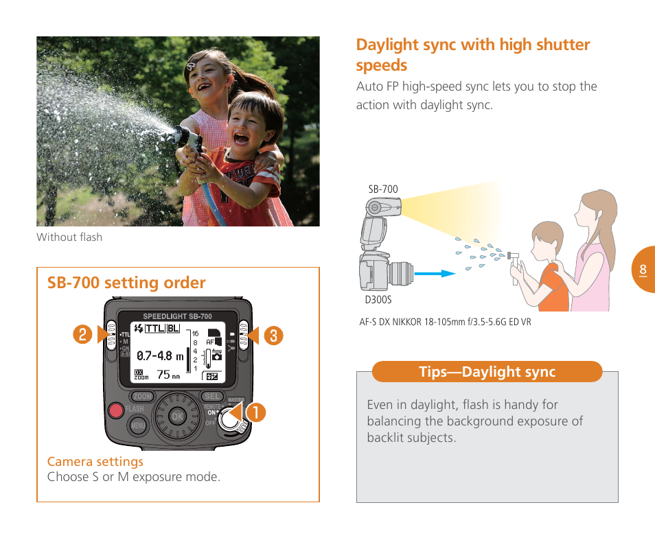 Daylight sync with high shutter speeds, Sb-700 setting order | Nikon Speedlight SB-700 User Manual | Page 9 / 24