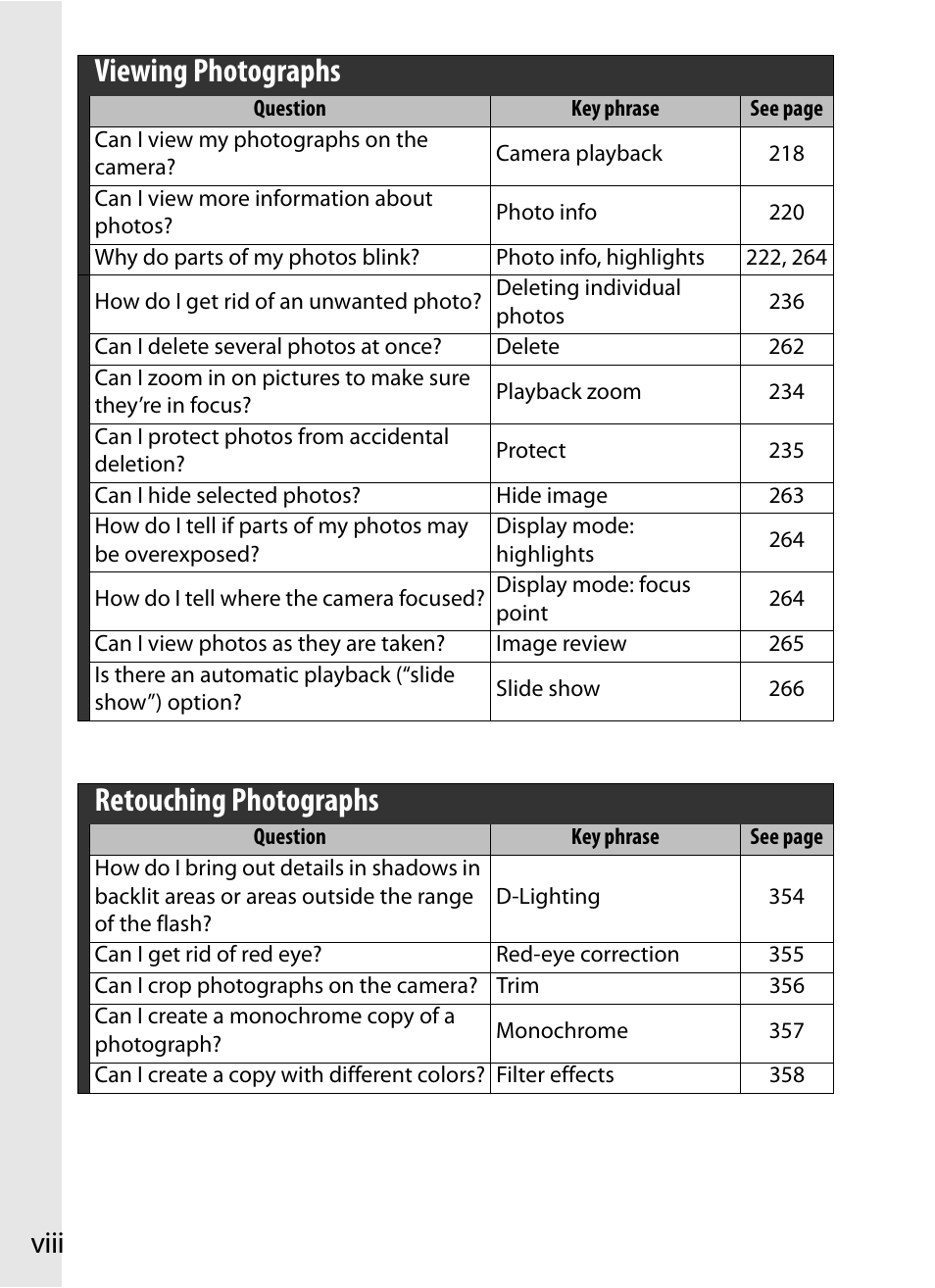 Viewing photographs, Retouching photographs, Viii | Nikon D700 User Manual | Page 10 / 472