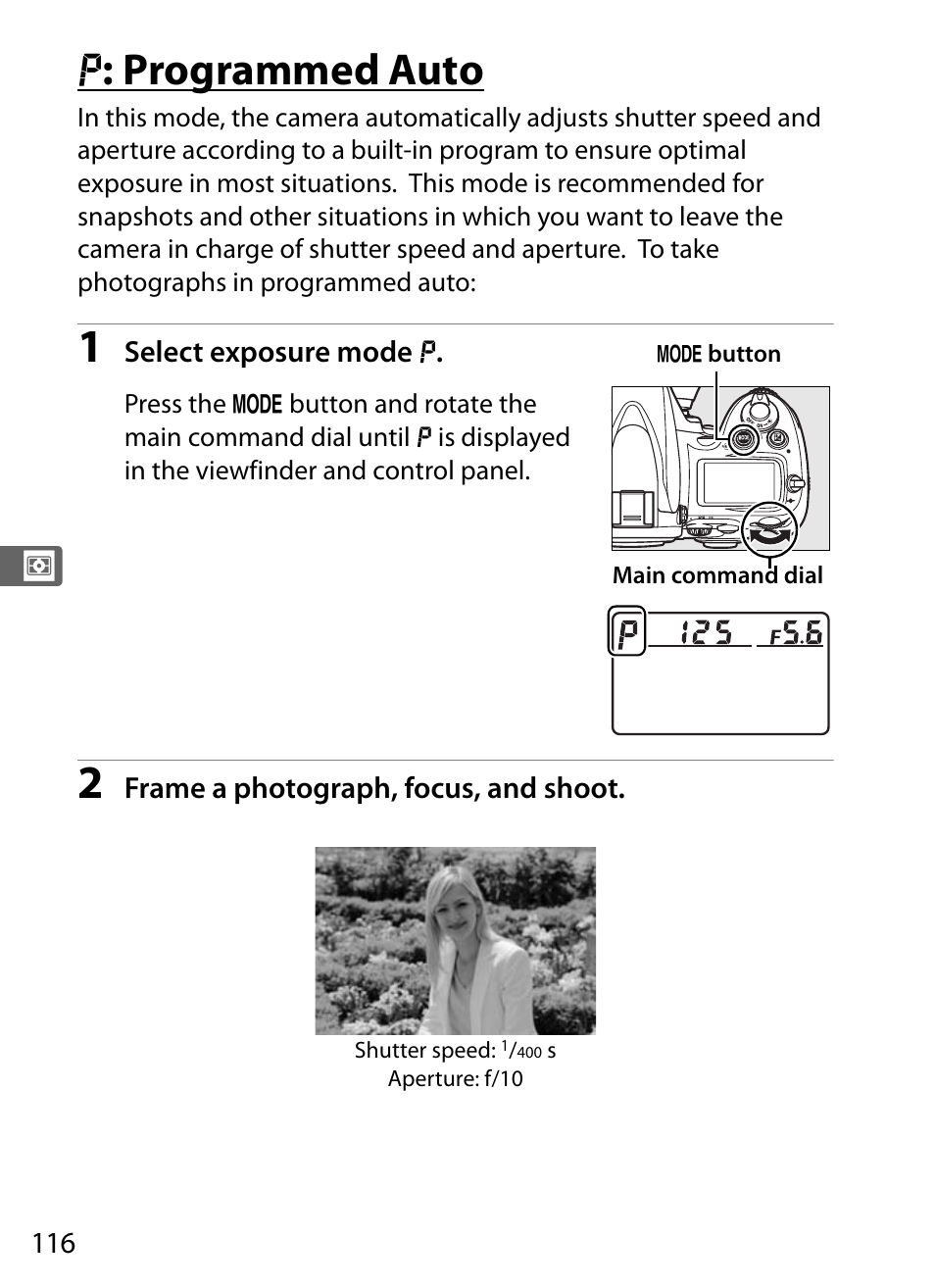 P: programmed auto, E: programmed auto | Nikon D700 User Manual | Page 142 / 472