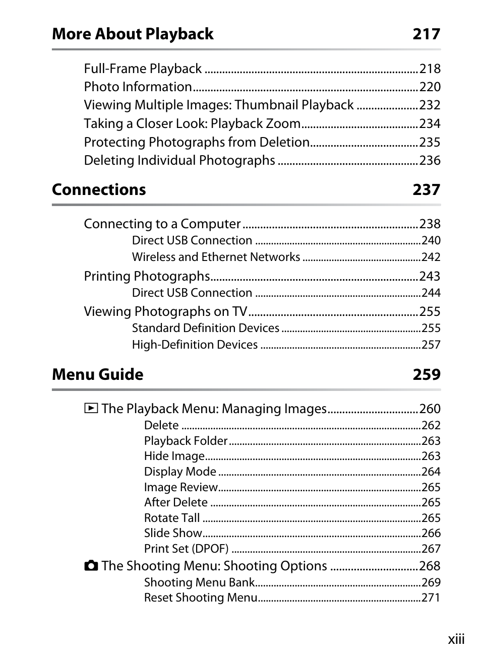 More about playback 217, Connections 237, Menu guide 259 | Nikon D700 User Manual | Page 15 / 472