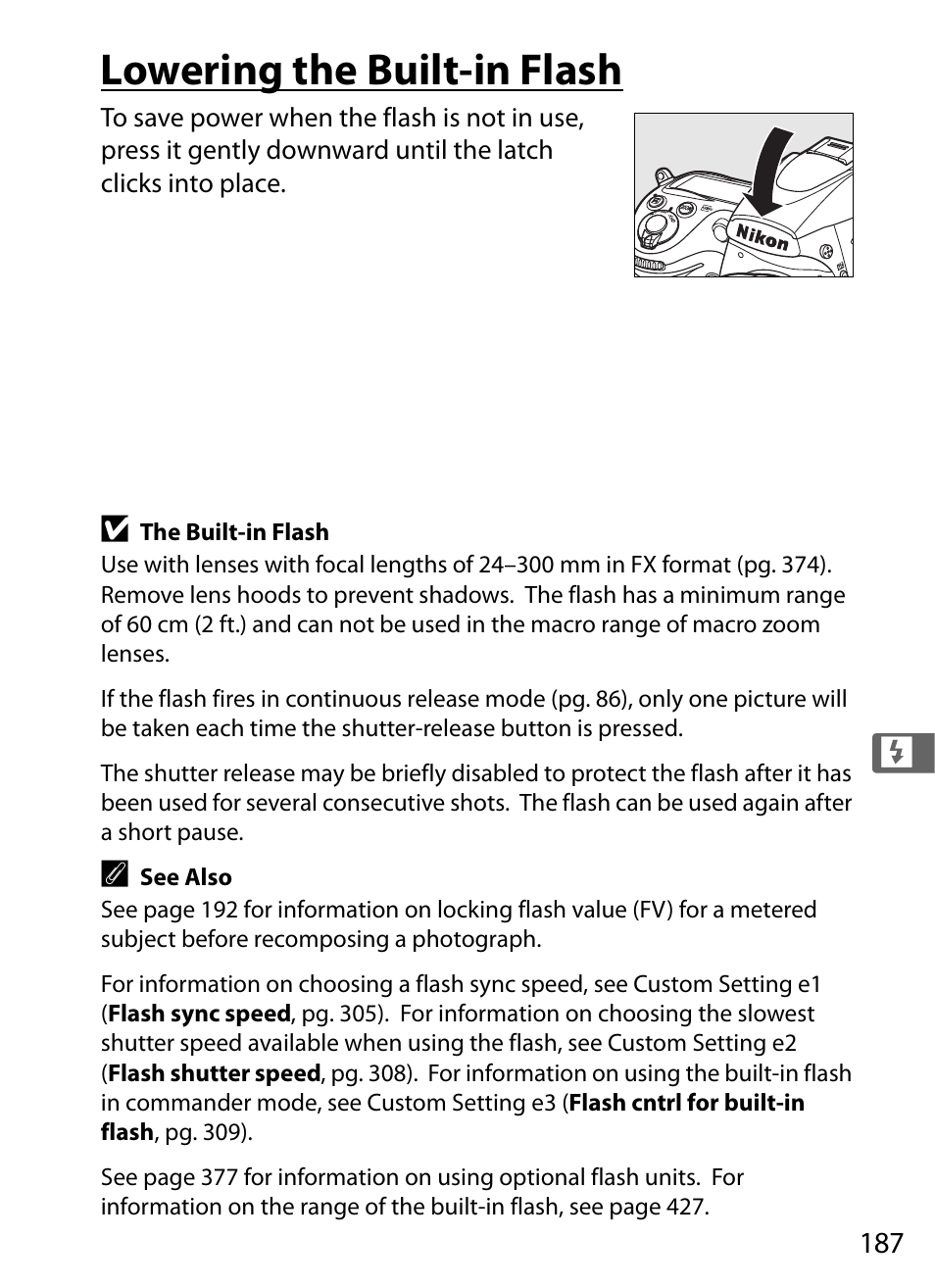 Lowering the built-in flash | Nikon D700 User Manual | Page 213 / 472