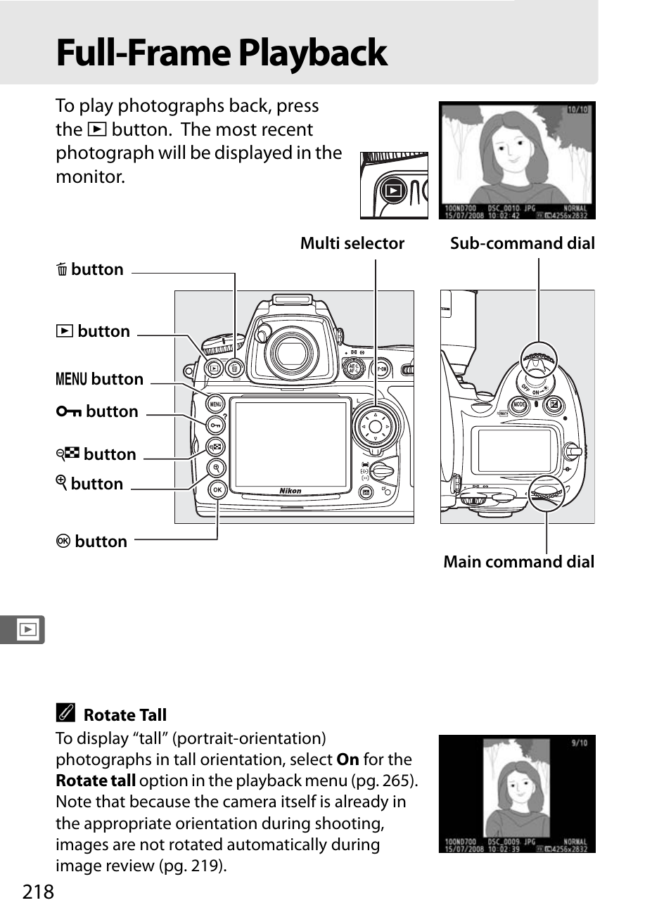 Full-frame playback | Nikon D700 User Manual | Page 244 / 472