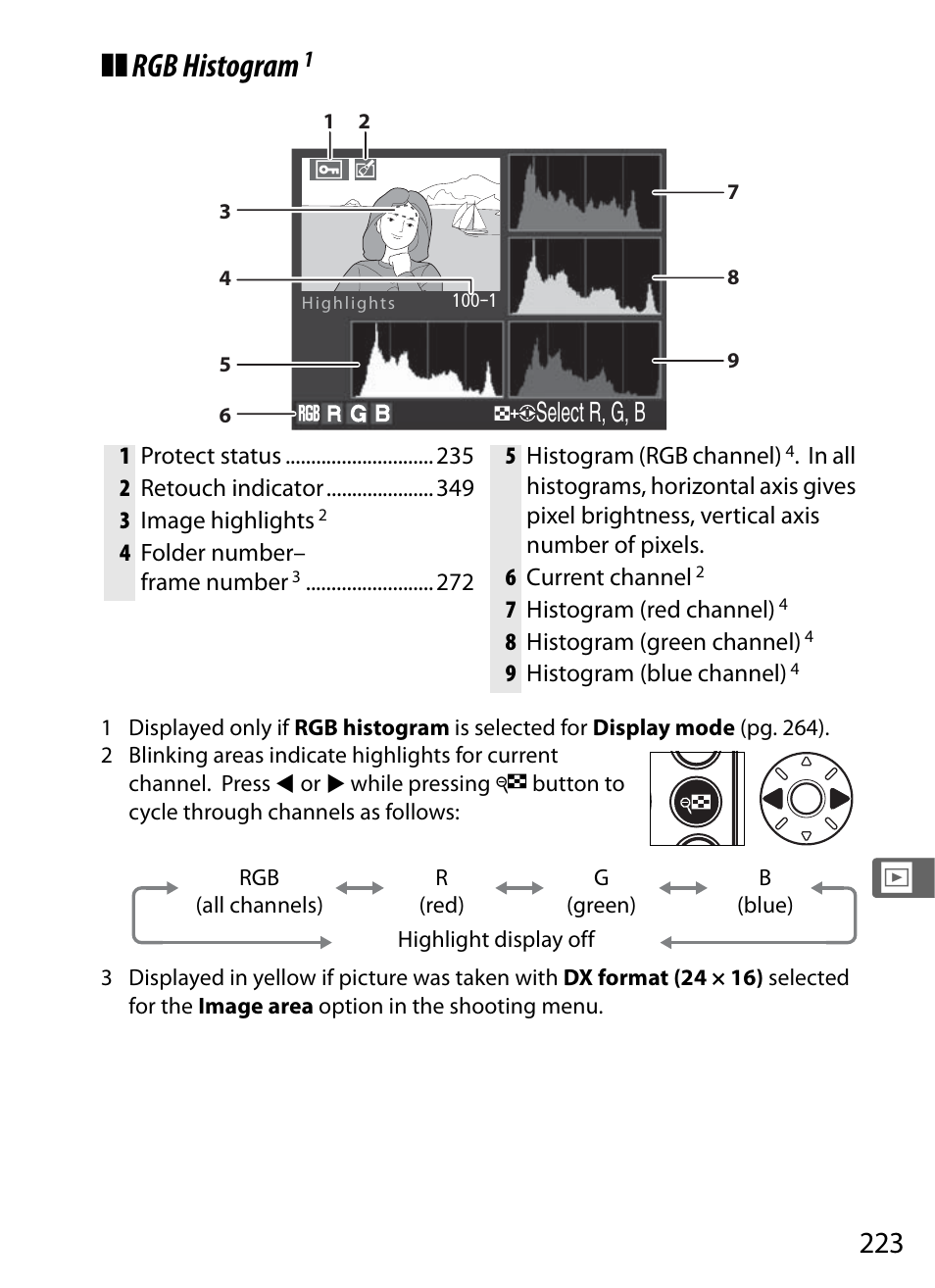 Rgb histogram, Select r, g, b | Nikon D700 User Manual | Page 249 / 472