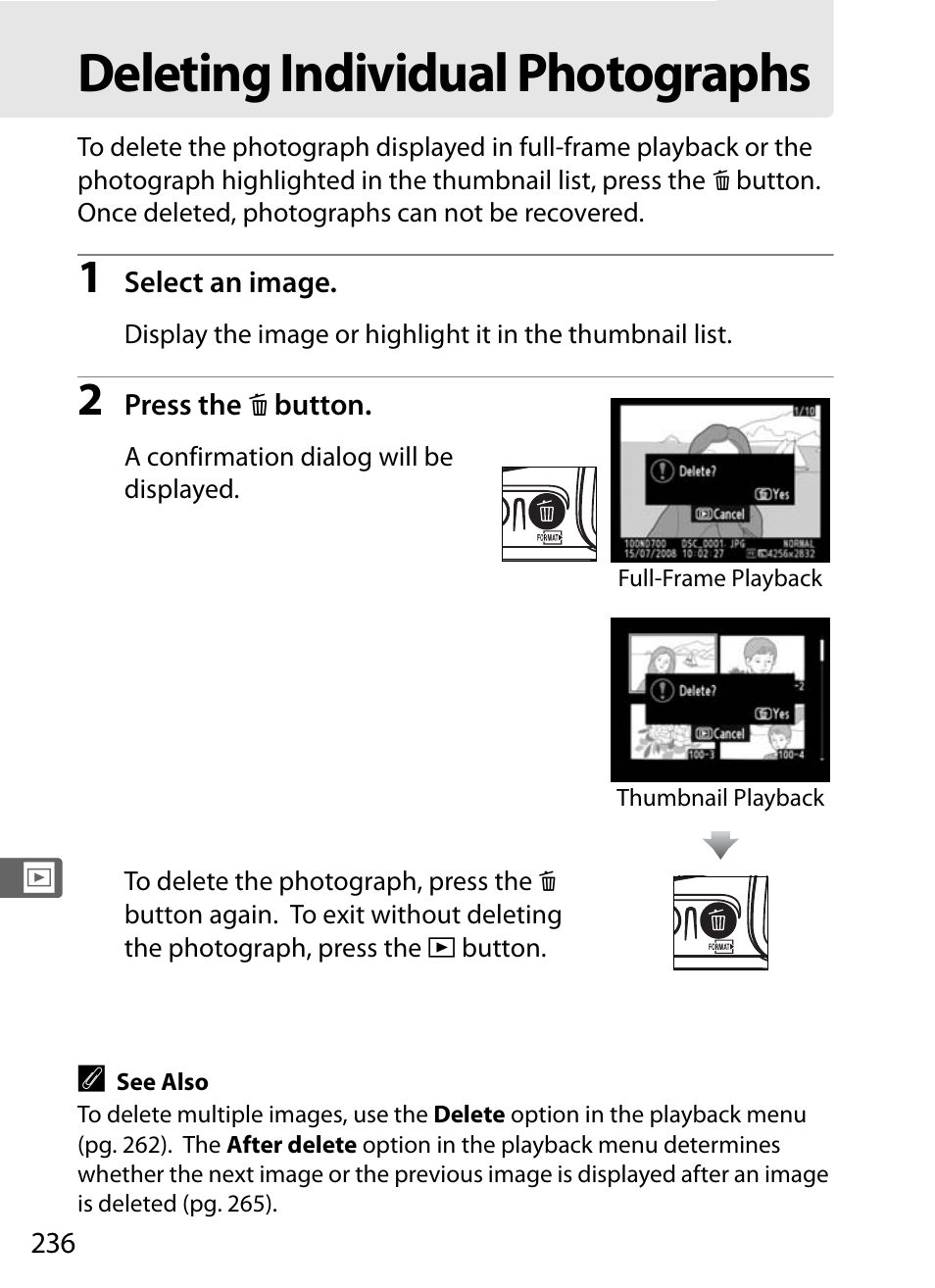 Deleting individual photographs | Nikon D700 User Manual | Page 262 / 472